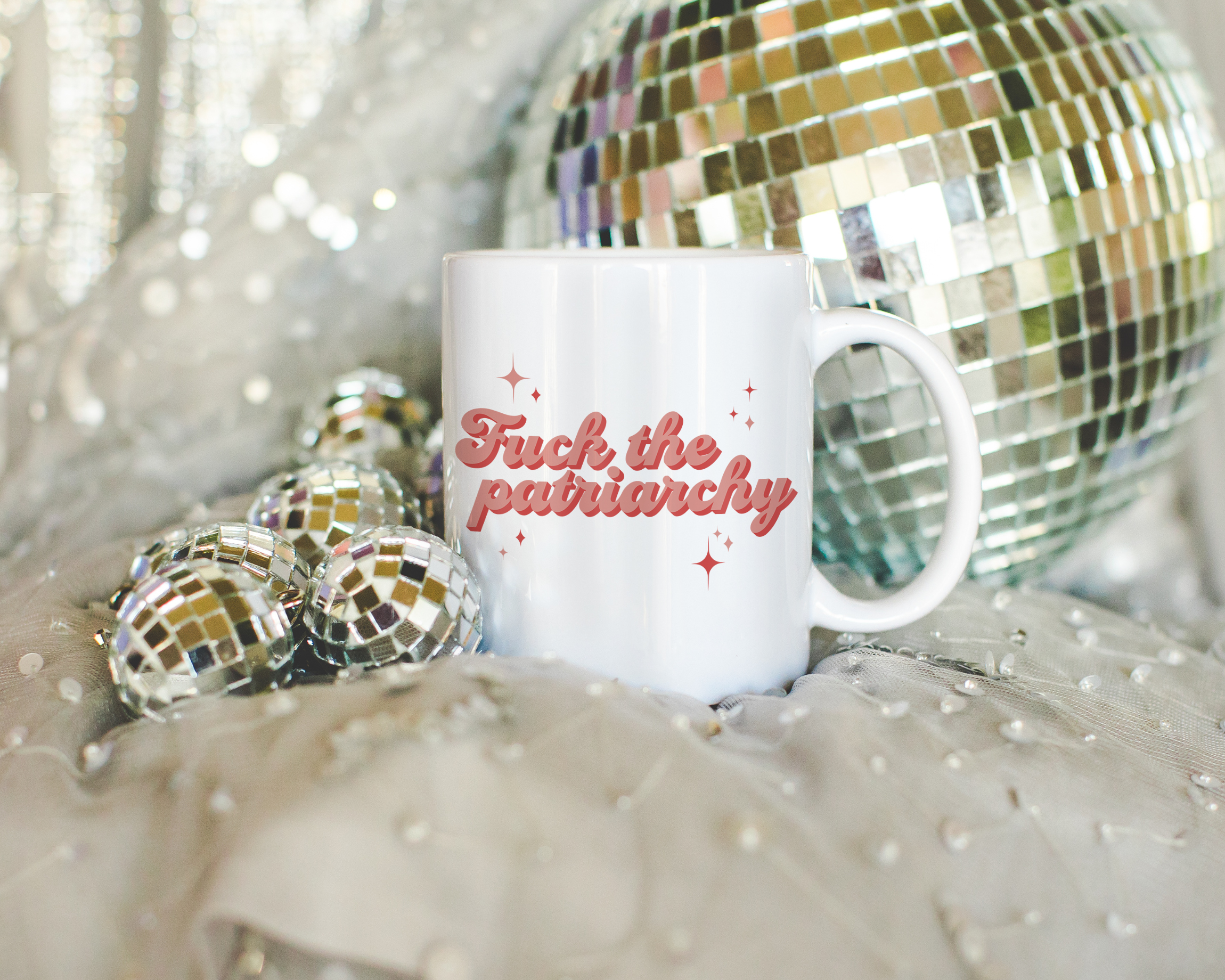 Sassy dopamine decor White coffee mug that says "fuck the patriarchy" in a retro vintage style red font. Available in 11oz and 15oz