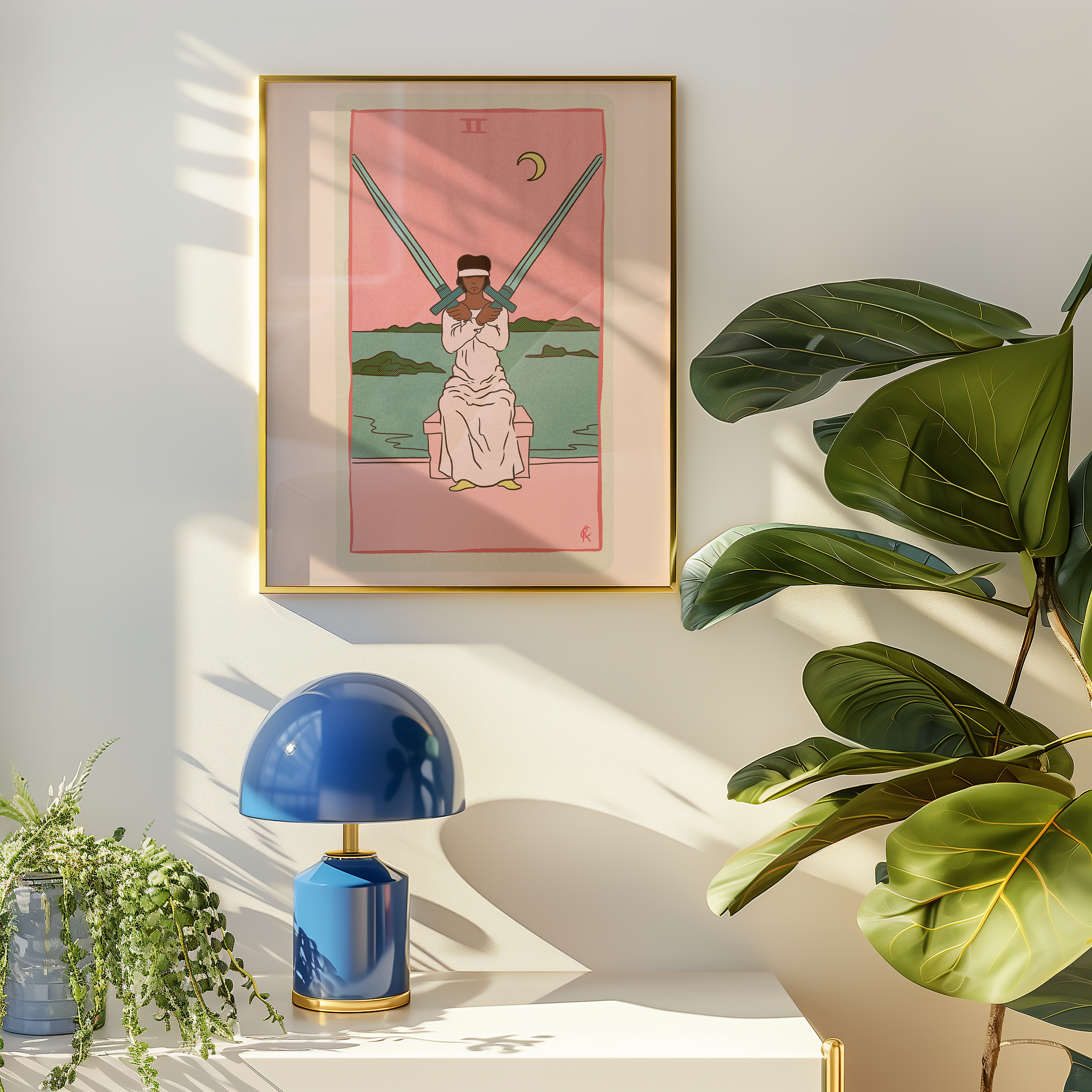 Two of Swords tarot card print, feminine pink witchy spiritual decor poster print.