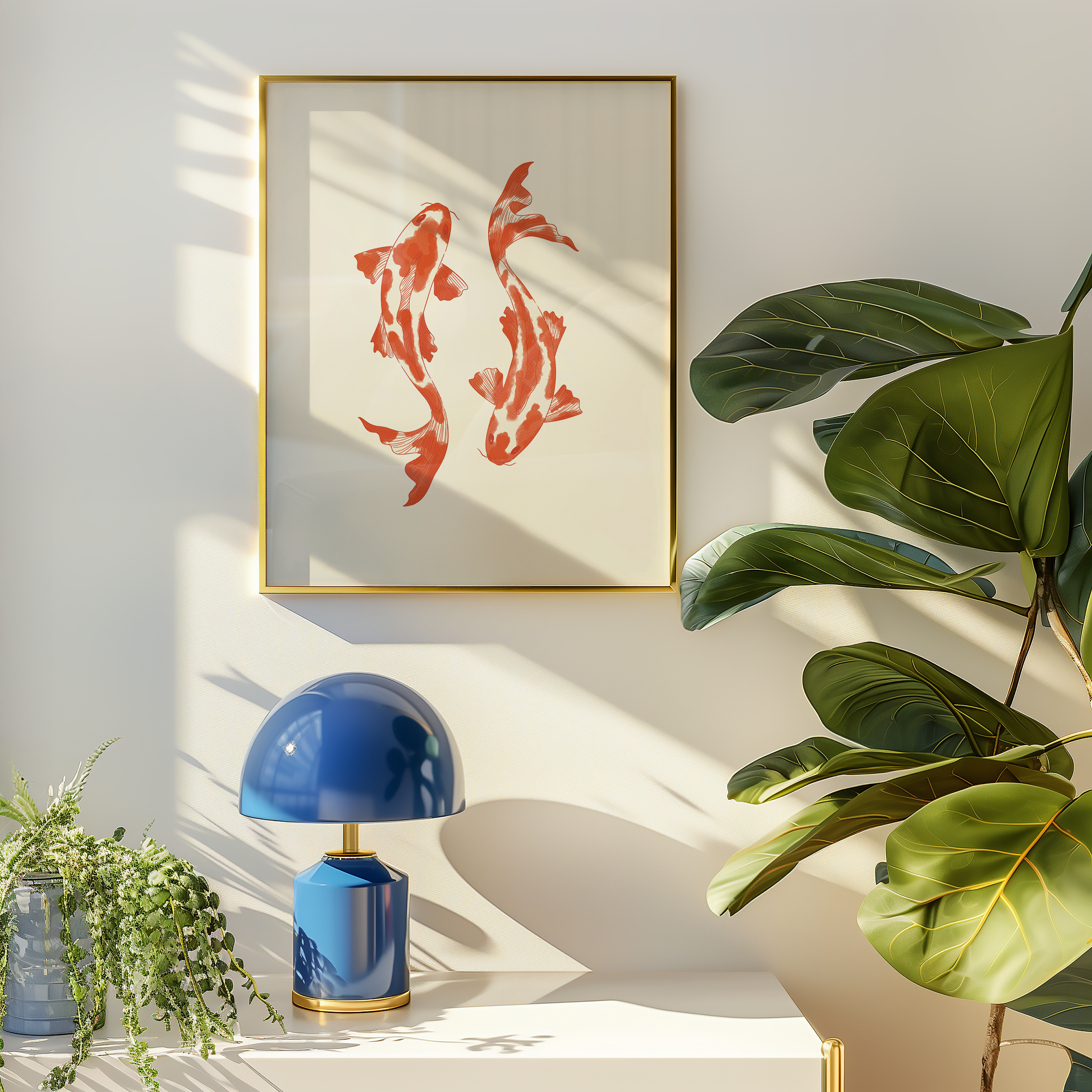 Bold dopamine decor print poster illustration of two koi fish. Retro style decor. japandi style. orange and cream