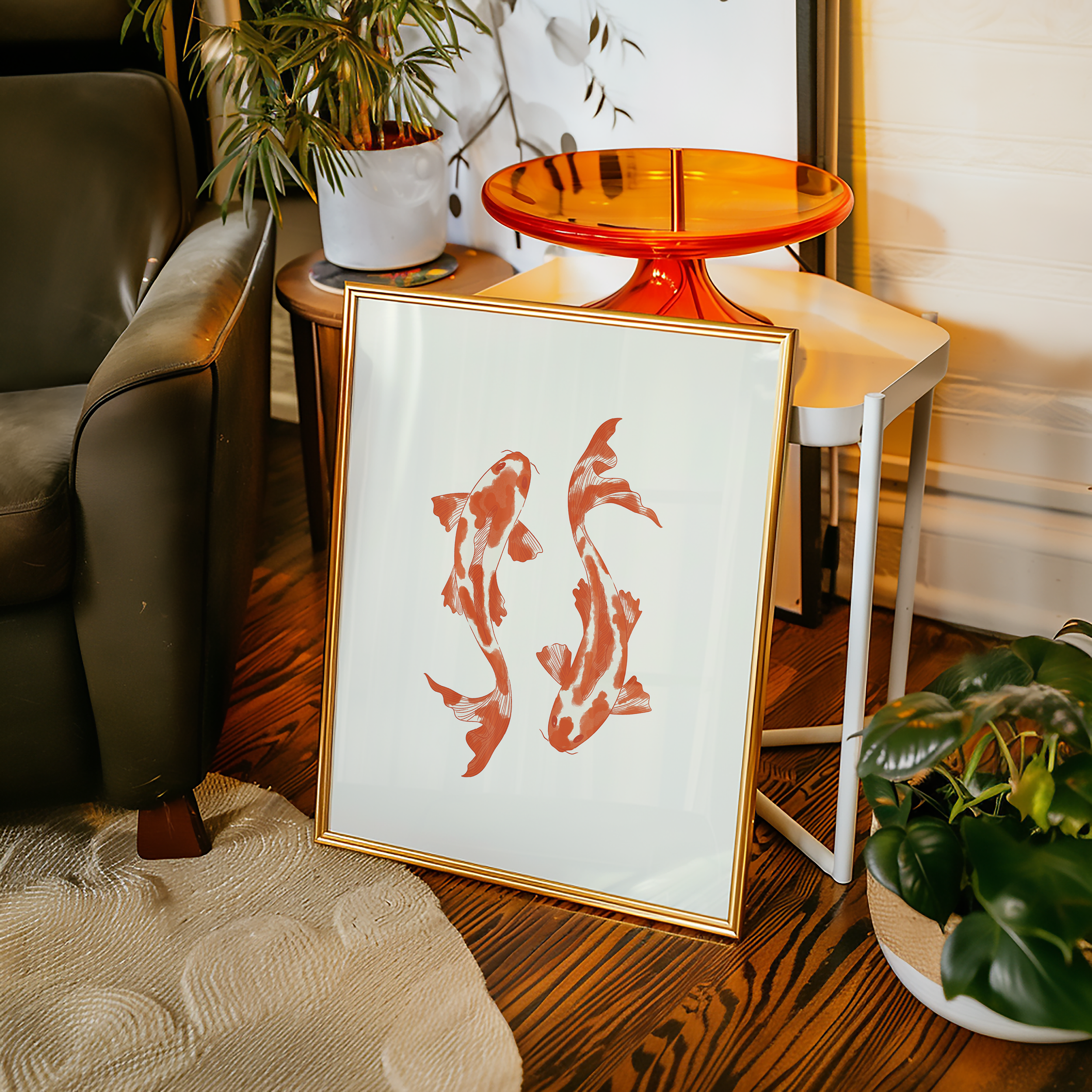 Bold dopamine decor print poster illustration of two koi fish. Retro style decor. japandi style. orange and cream