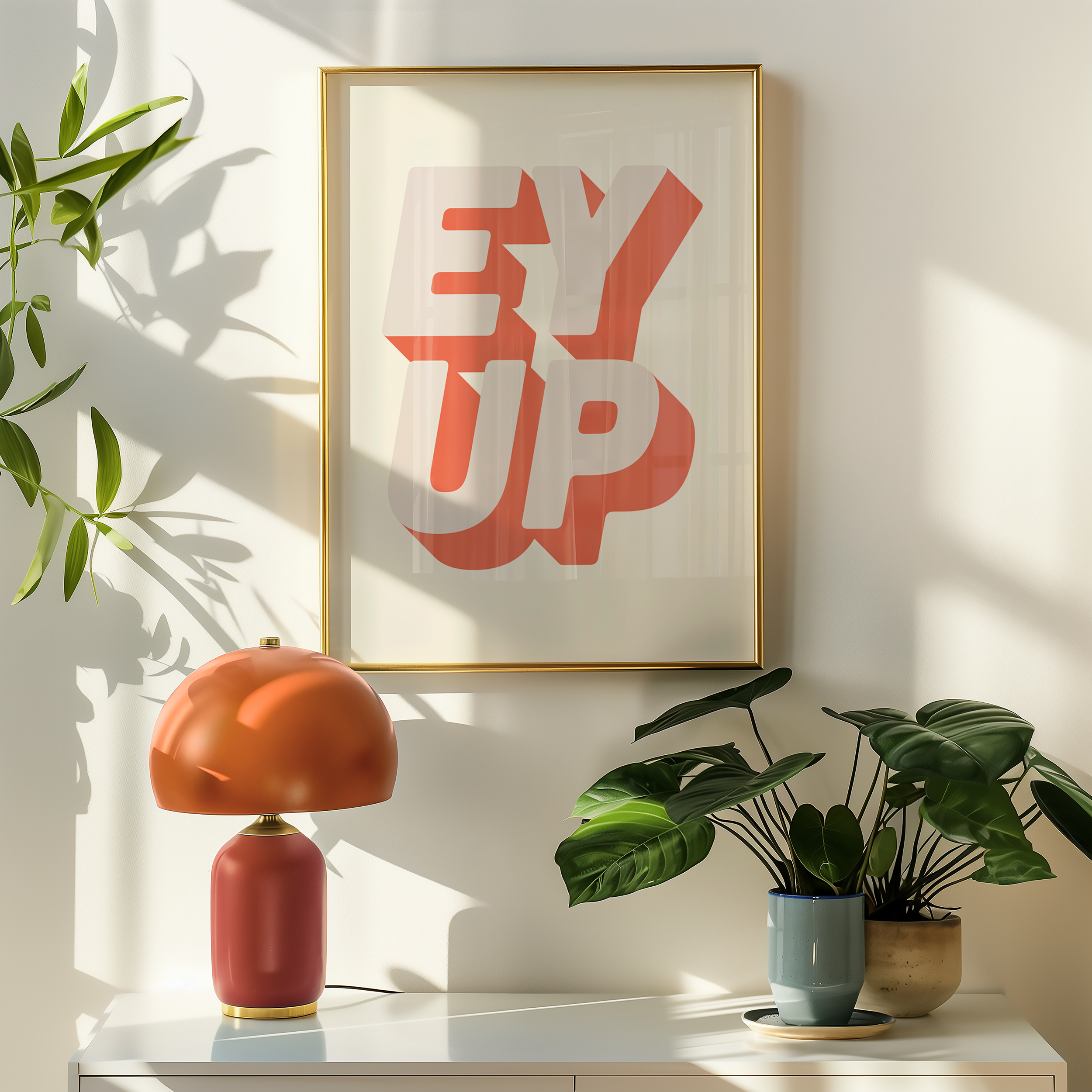 Bold quote print poster decor "Ey up". British quote. Yorkshire quote. Dopamine decor. Retro two tone font cream and pink