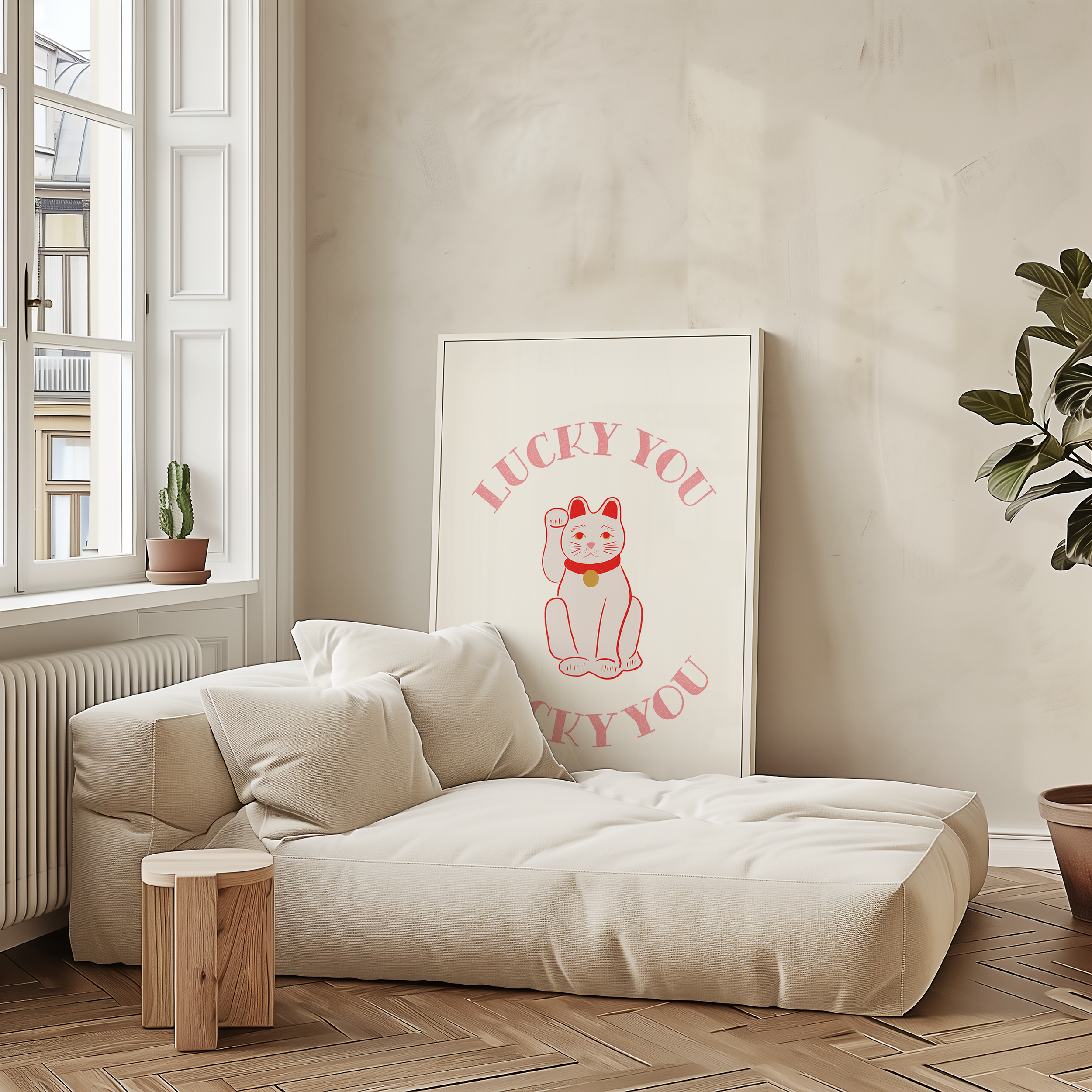 Dopamine decor print of chinease lucky cat that says lucky you. bold dopamine decor poster print. Maneki-neko