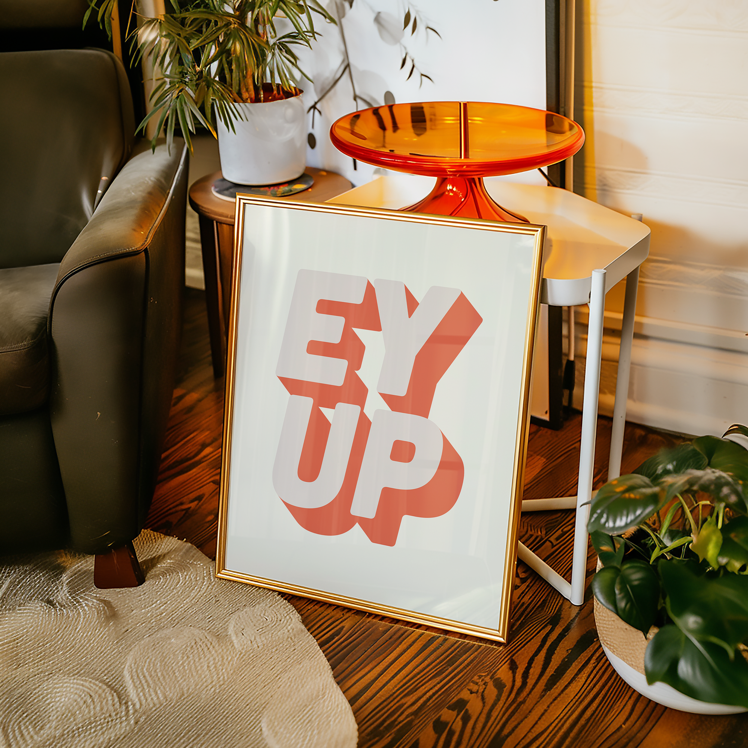 Bold quote print poster decor "Ey up". British quote. Yorkshire quote. Dopamine decor. Retro two tone font cream and pink