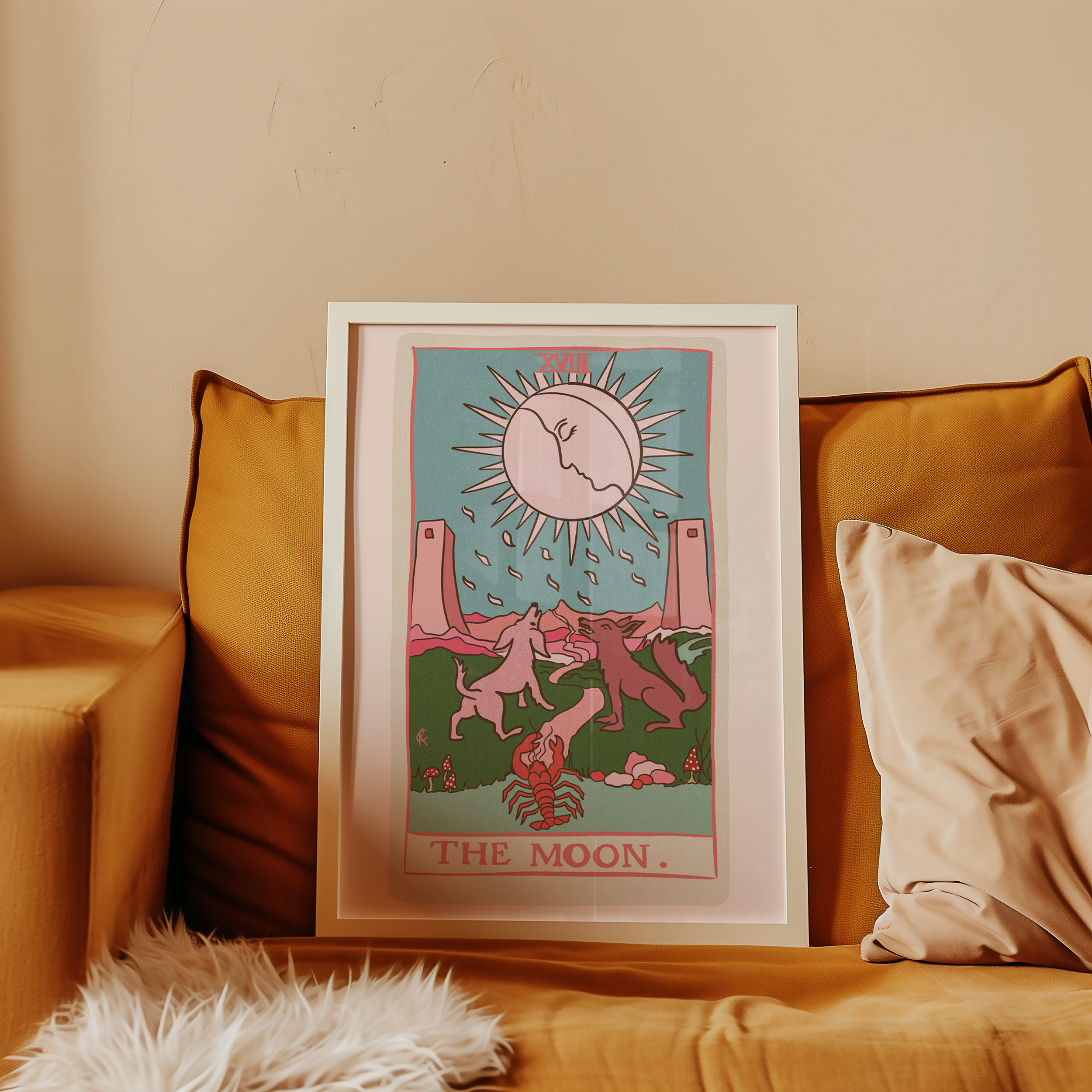 The Moon tarot card print, feminine pink witchy spiritual decor poster print.