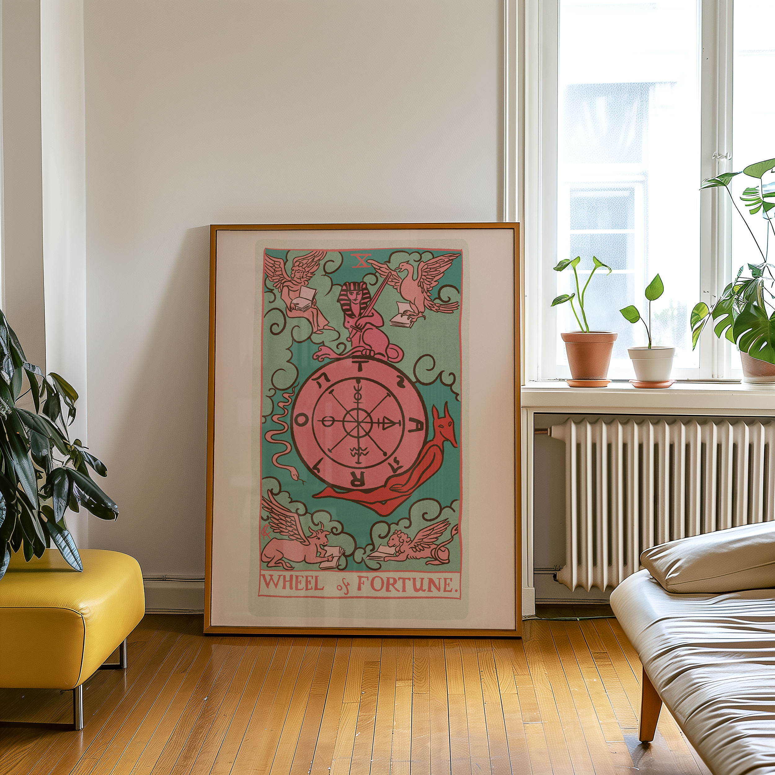Wheel of Fortune tarot card print, feminine pink witchy spiritual decor poster print.