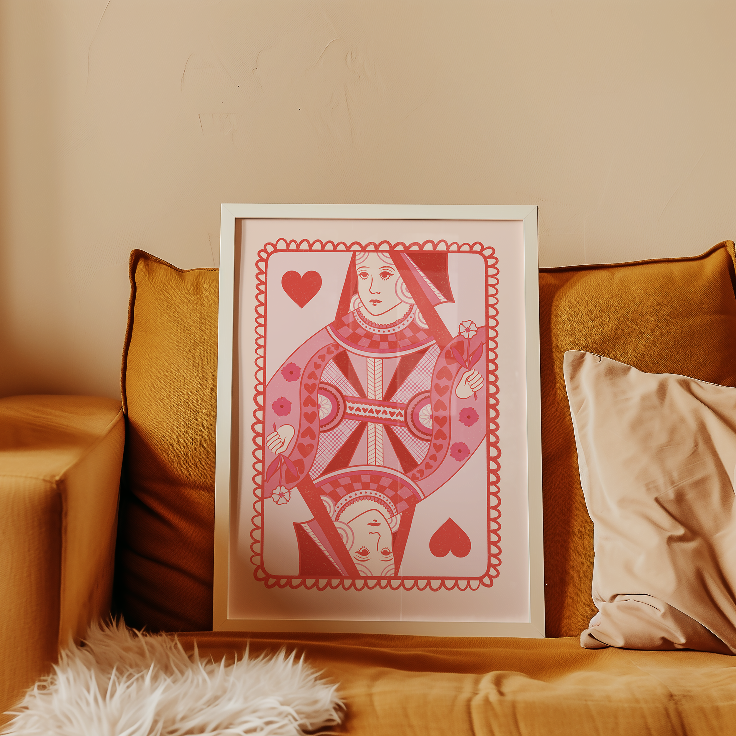 Bold dopamine decor print poster illustarion of queen of hearts card in pink. Feminine decor style. retro feel.