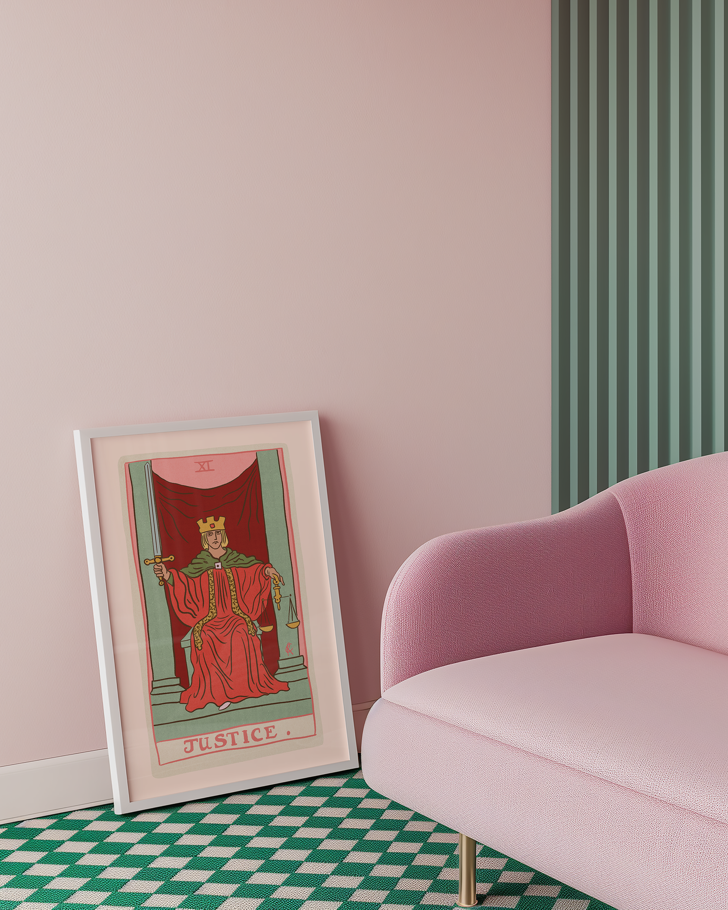Justice tarot card print, feminine pink witchy spiritual decor poster print.