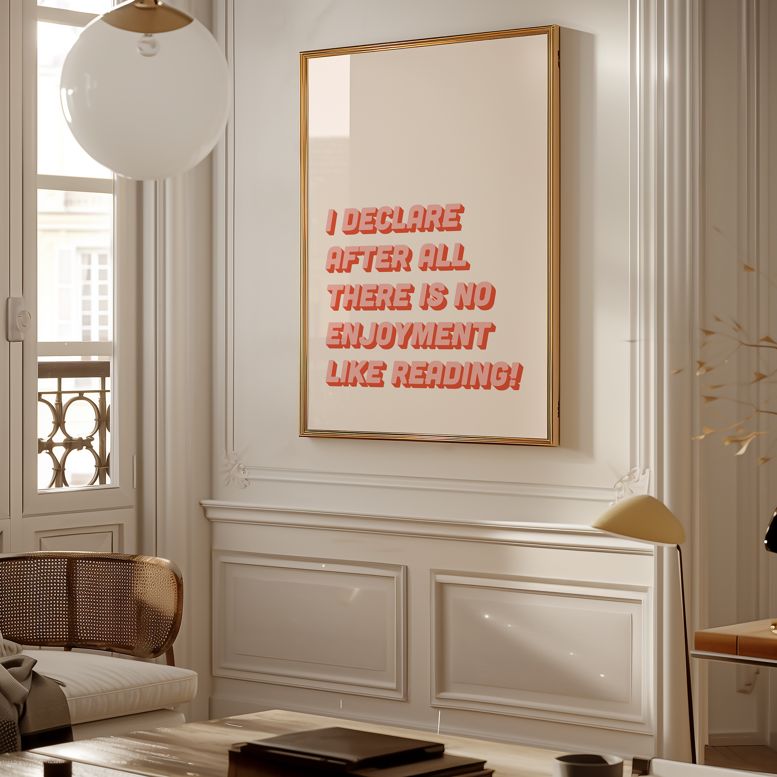 Bold Dopamine decor print poster jane eyre quote “I declare after all there is no enjoyment like reading.” in two tone retro font pink and red
