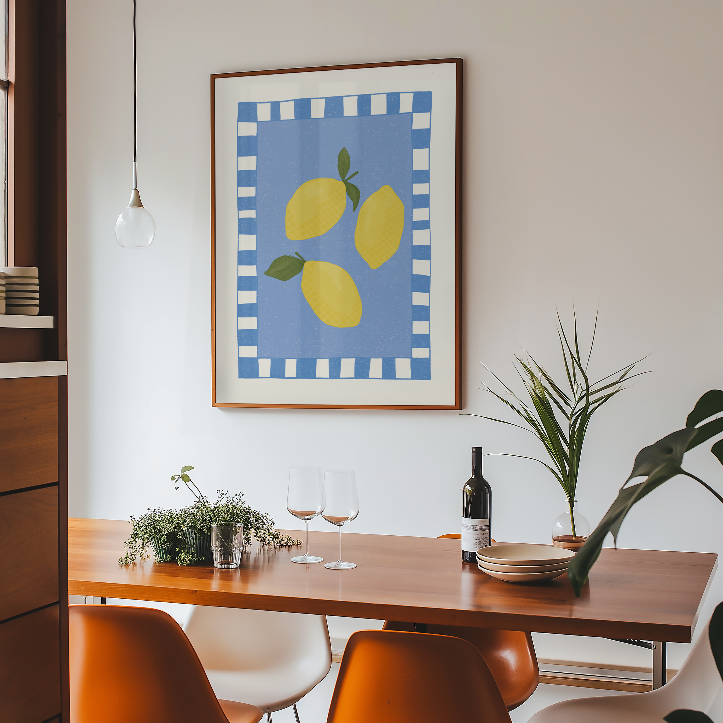 Bold dopamine decor print poster of lemons. kitchen poster. Yellow and blue. Mediterranean fee