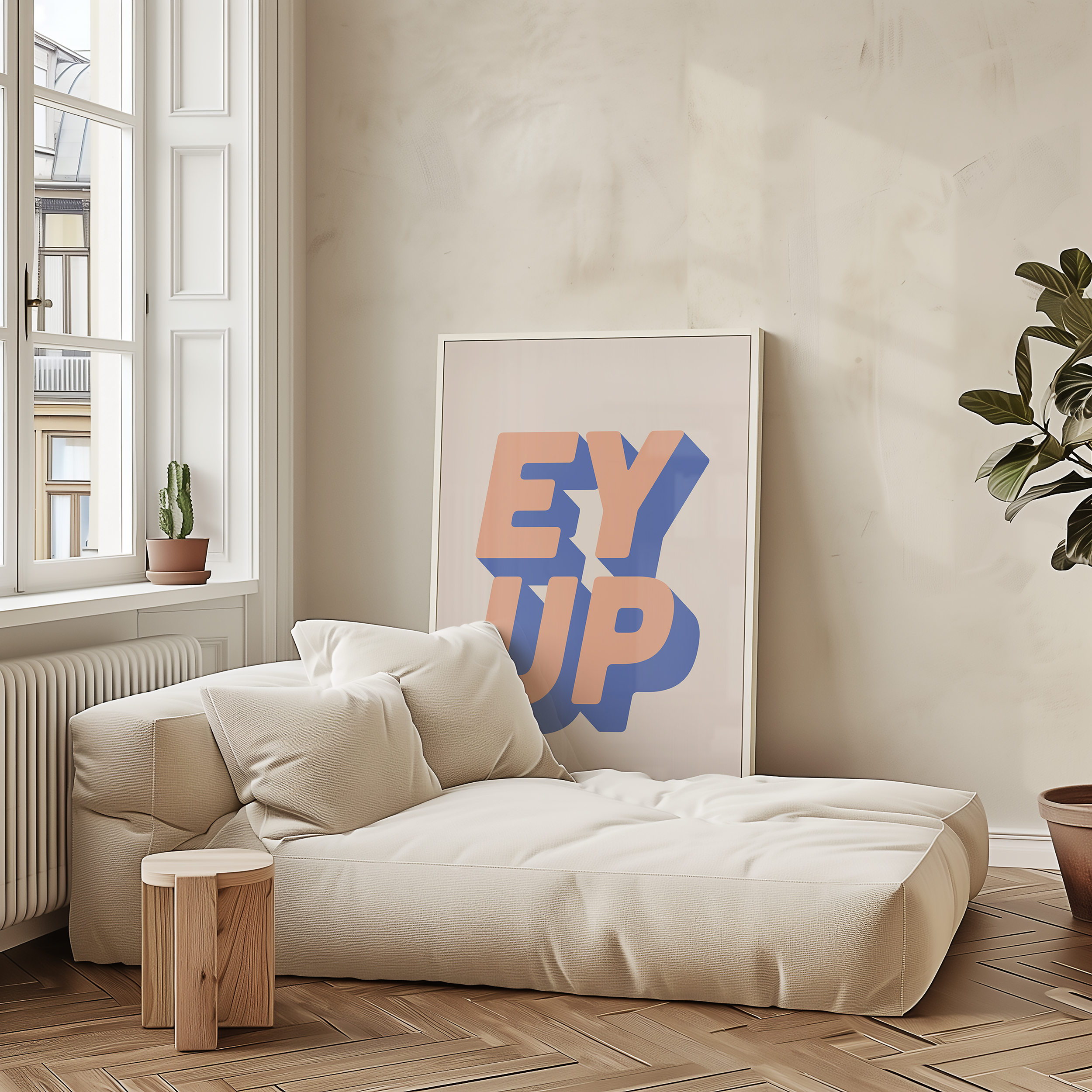 Bold quote print poster decor "Ey up". British quote. Yorkshire quote. Dopamine decor. Retro two tone font pink and blue