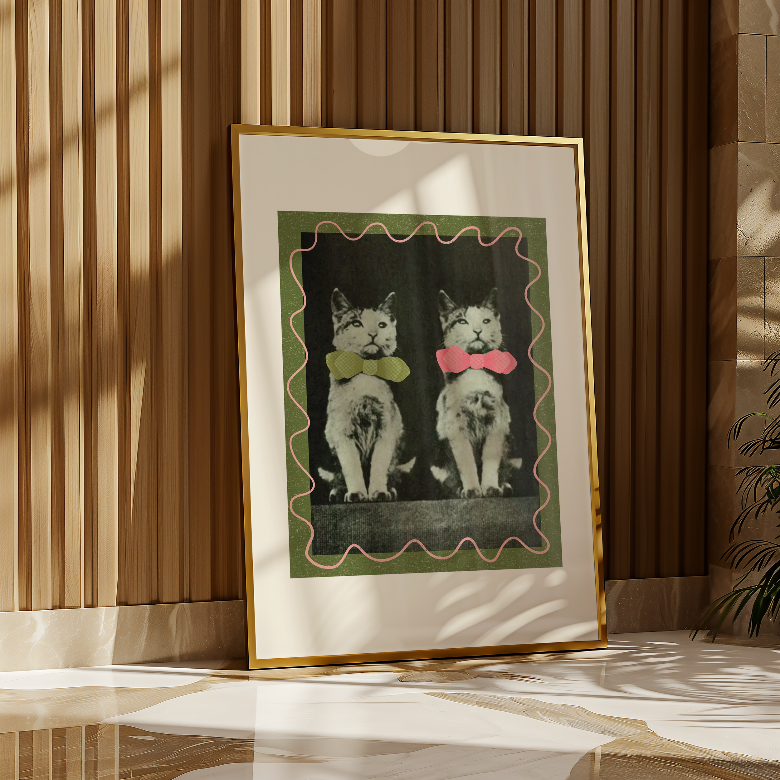 Dopamine decor poster print. Victorian photography of two kittens in bow ties, enhances with modern colour elements of pink and green