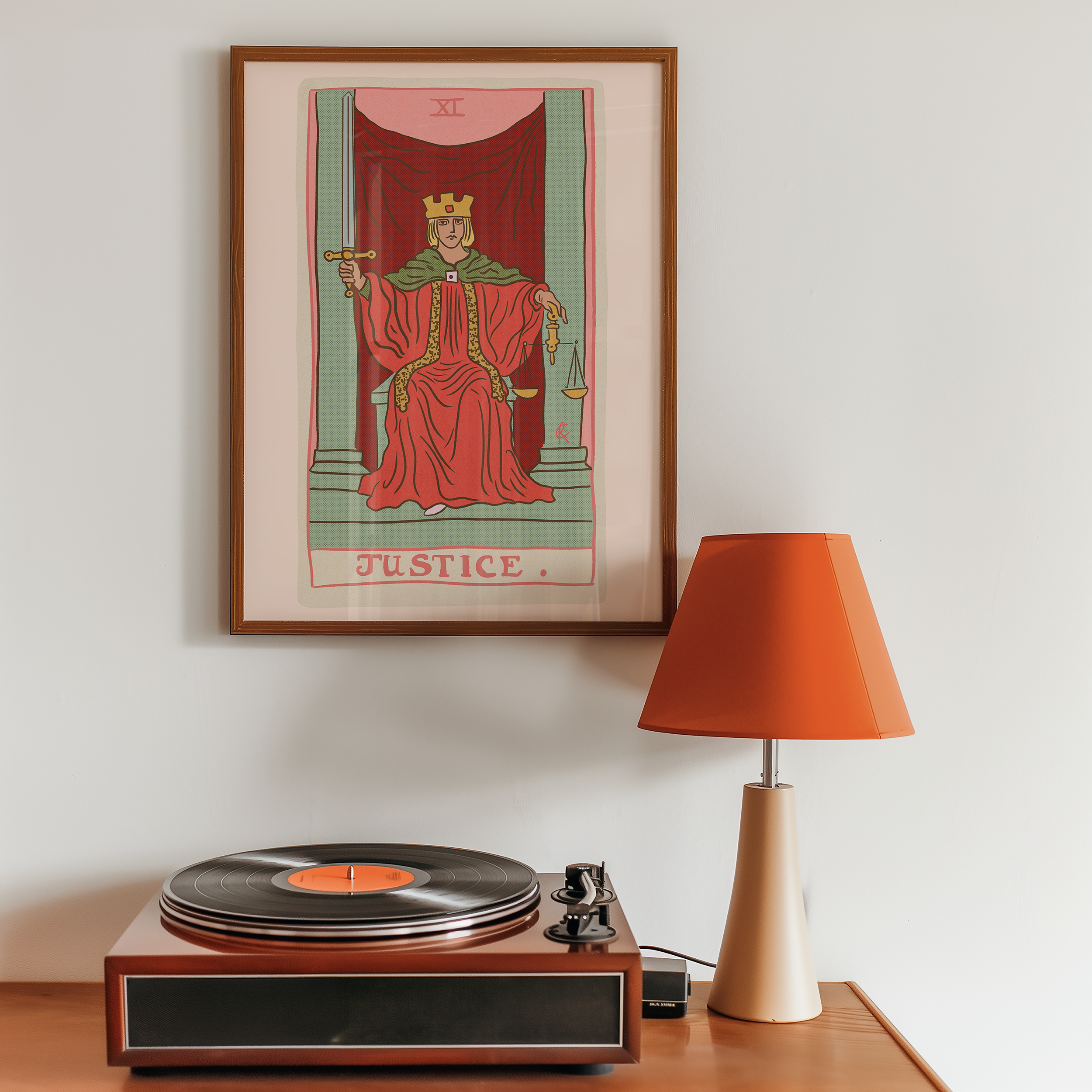 Justice tarot card print, feminine pink witchy spiritual decor poster print.