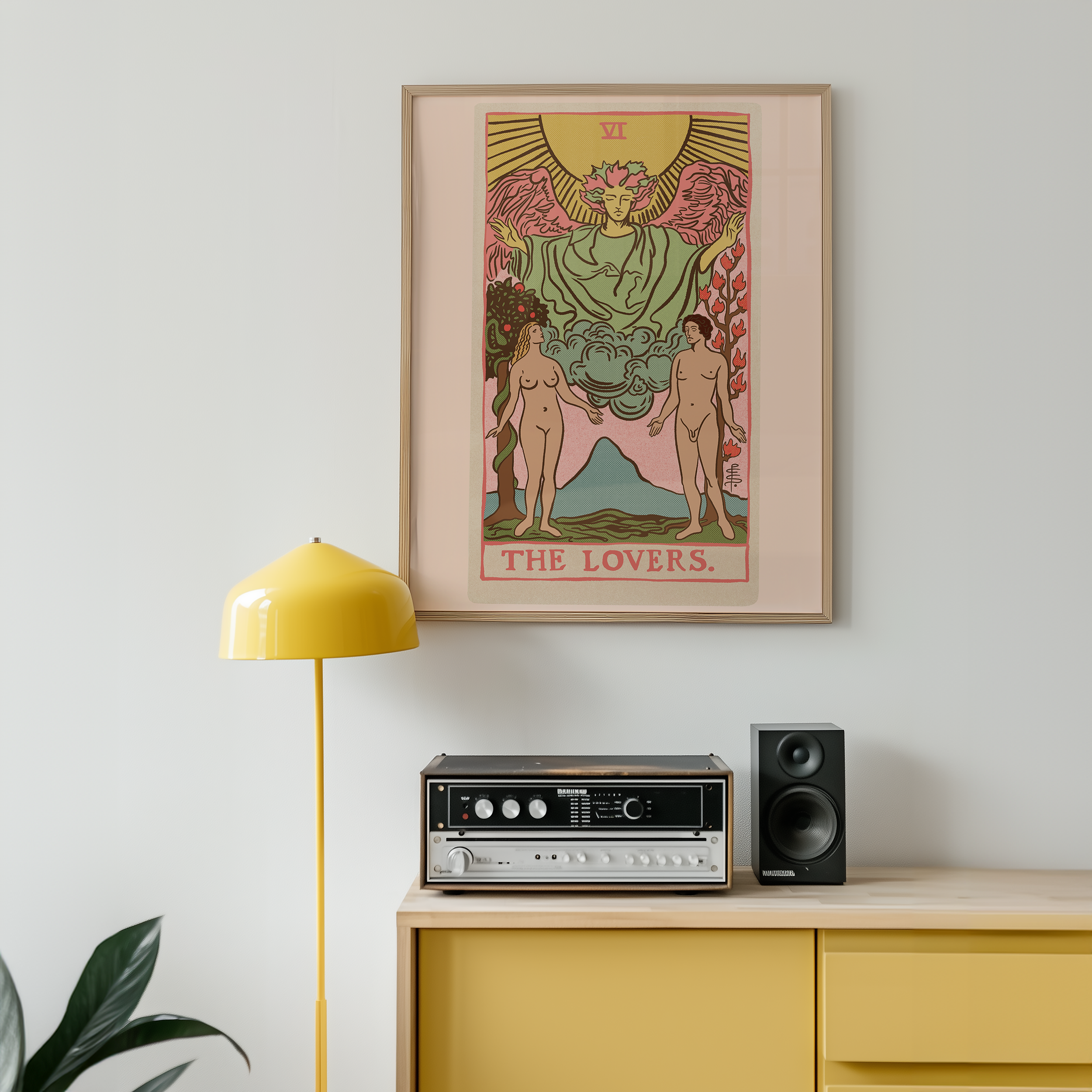 The Lovers tarot card print, feminine pink witchy spiritual decor poster print.