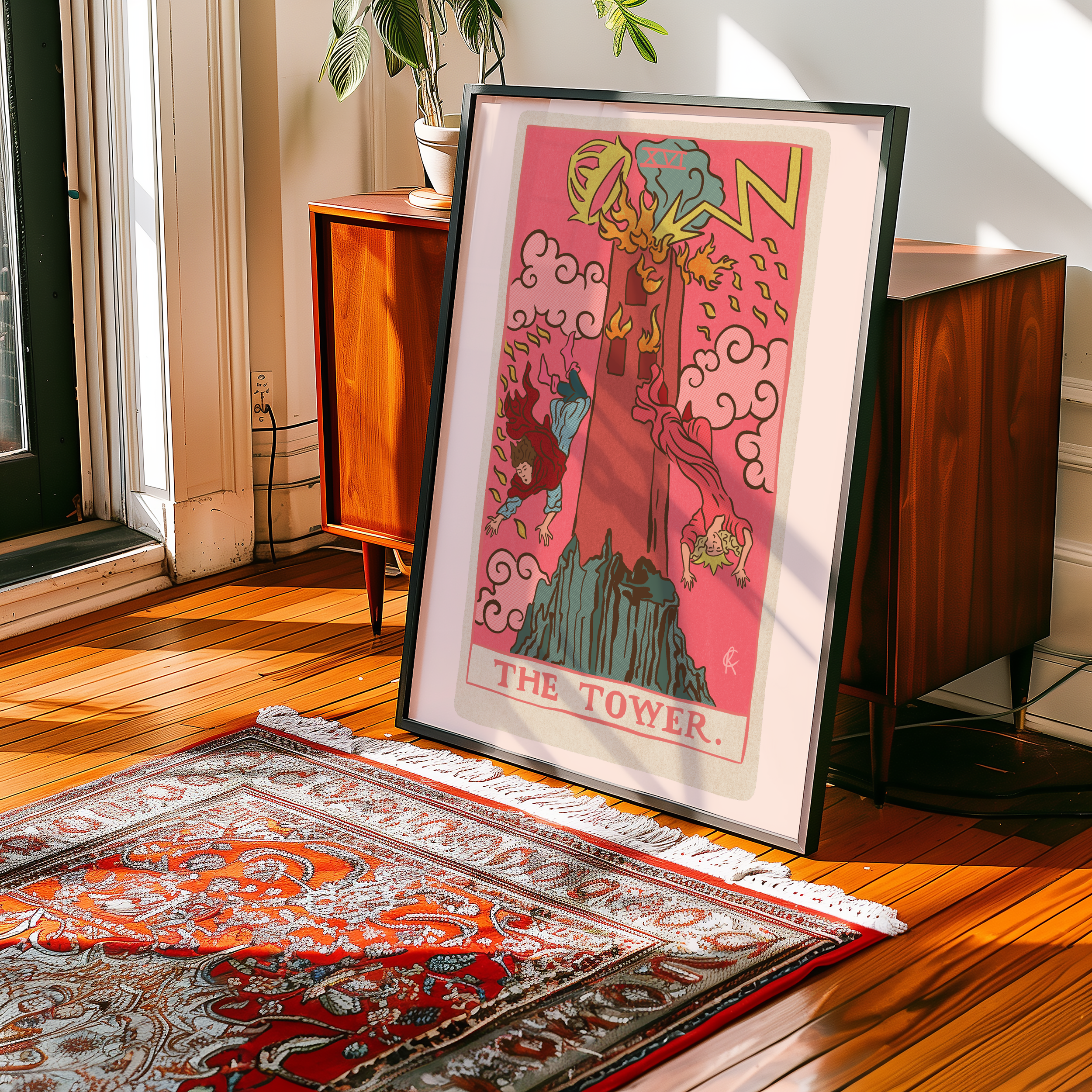 The Tower tarot card print, feminine pink witchy spiritual decor poster print.