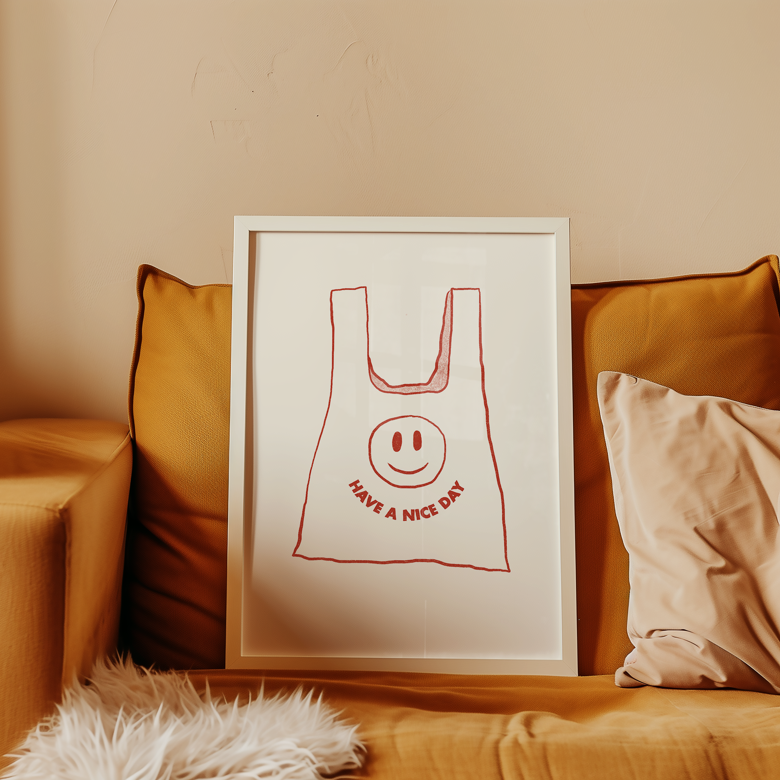 Bold dopamine decor print poster illustration of plastic bag that says have a nice day with a smiling face. Retro style decor. midcentury modern. red and cream.