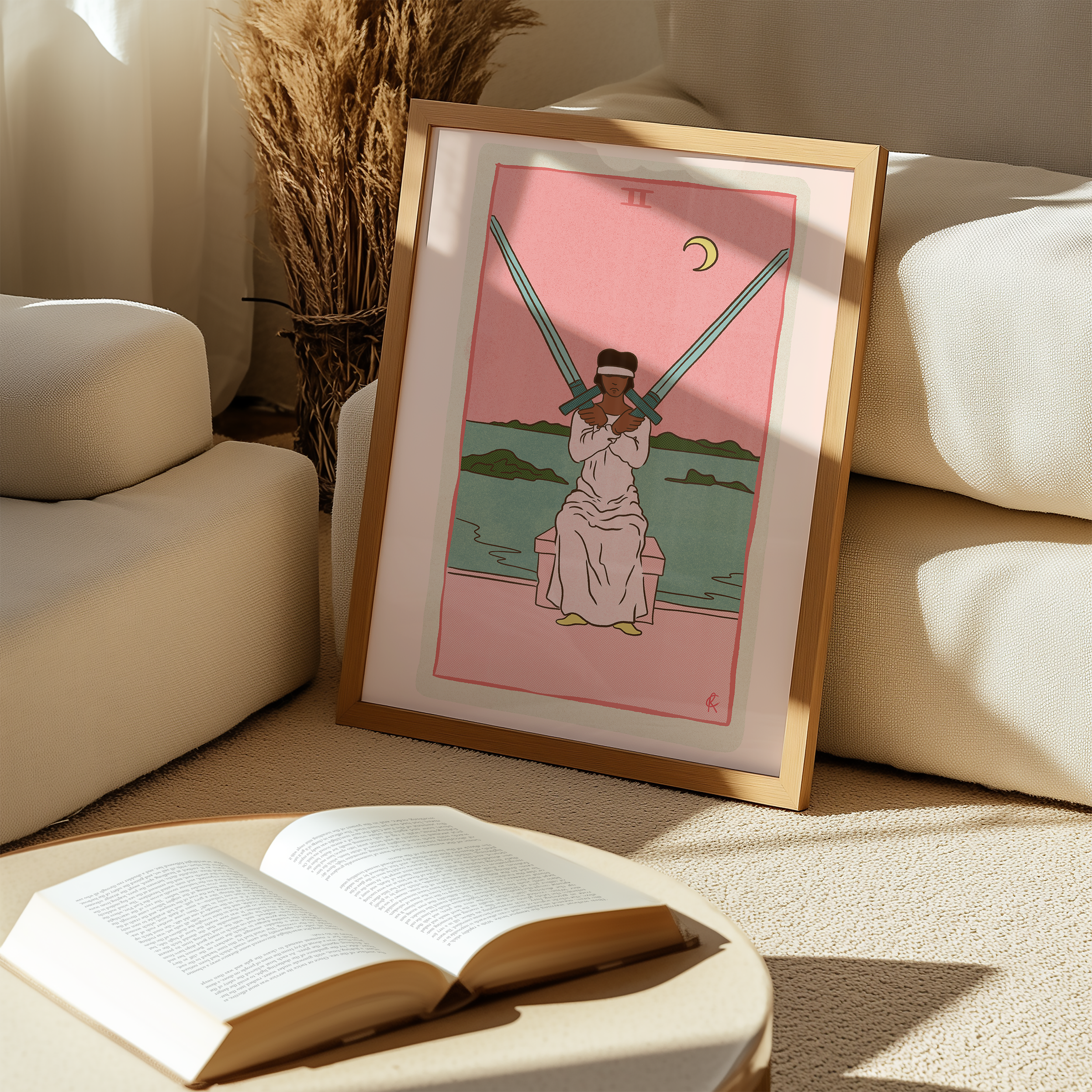 Two of Swords tarot card print, feminine pink witchy spiritual decor poster print.