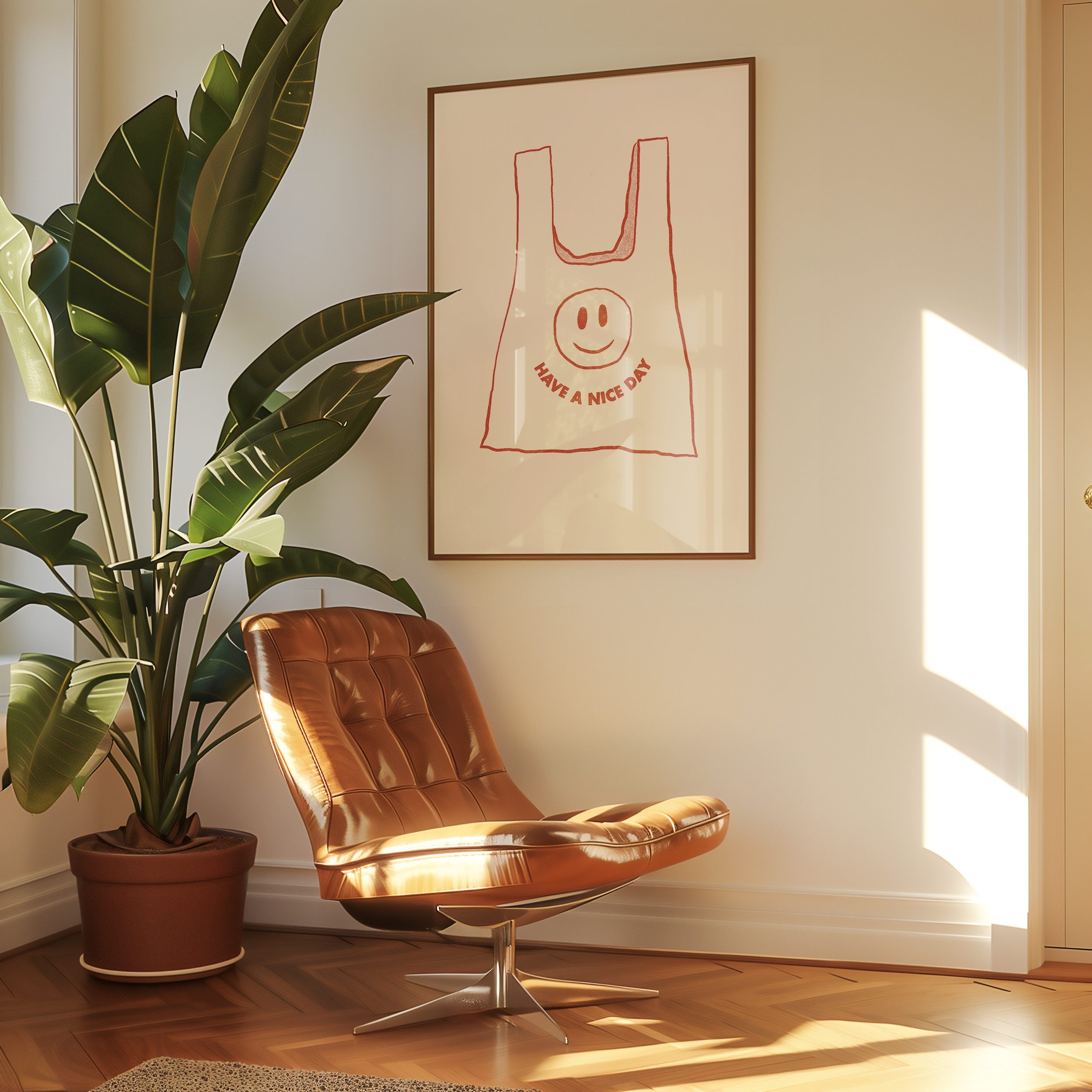 Bold dopamine decor print poster illustration of plastic bag that says have a nice day with a smiling face. Retro style decor. midcentury modern. red and cream.