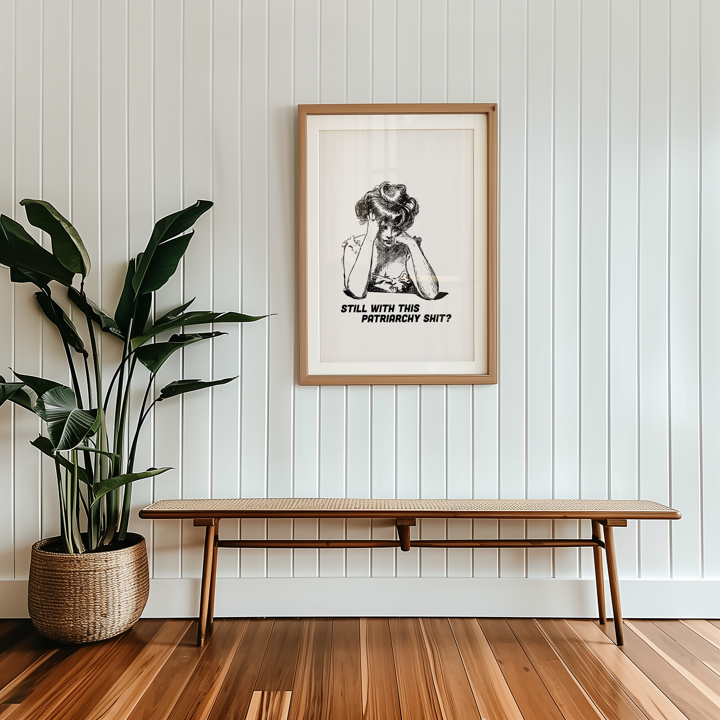Black and White print of a bored looking Edwardian woman that says "Still with this Patriarchy shit?" Funny feminist print. Witty sassy dopamine decor poster.