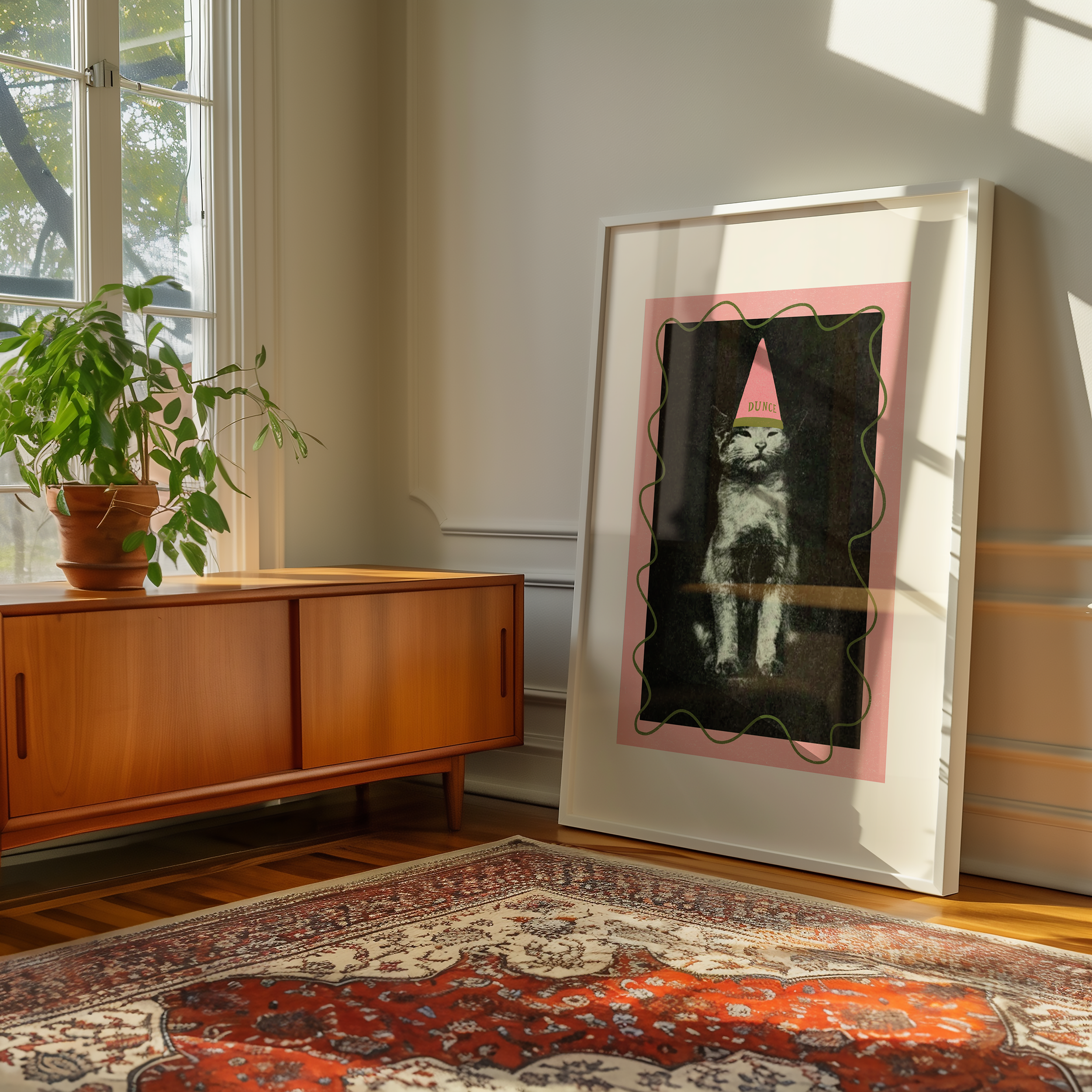 Dopamine decor poster print. Victorian photography pf cat wearing a dunce cat, enhances with modern colour elemants of pink and green