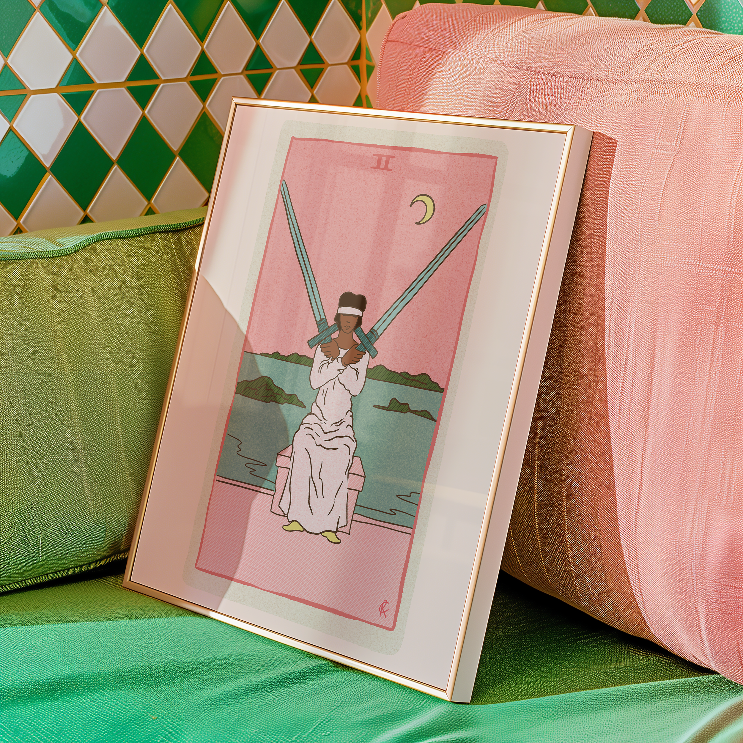 Two of Swords tarot card print, feminine pink witchy spiritual decor poster print.