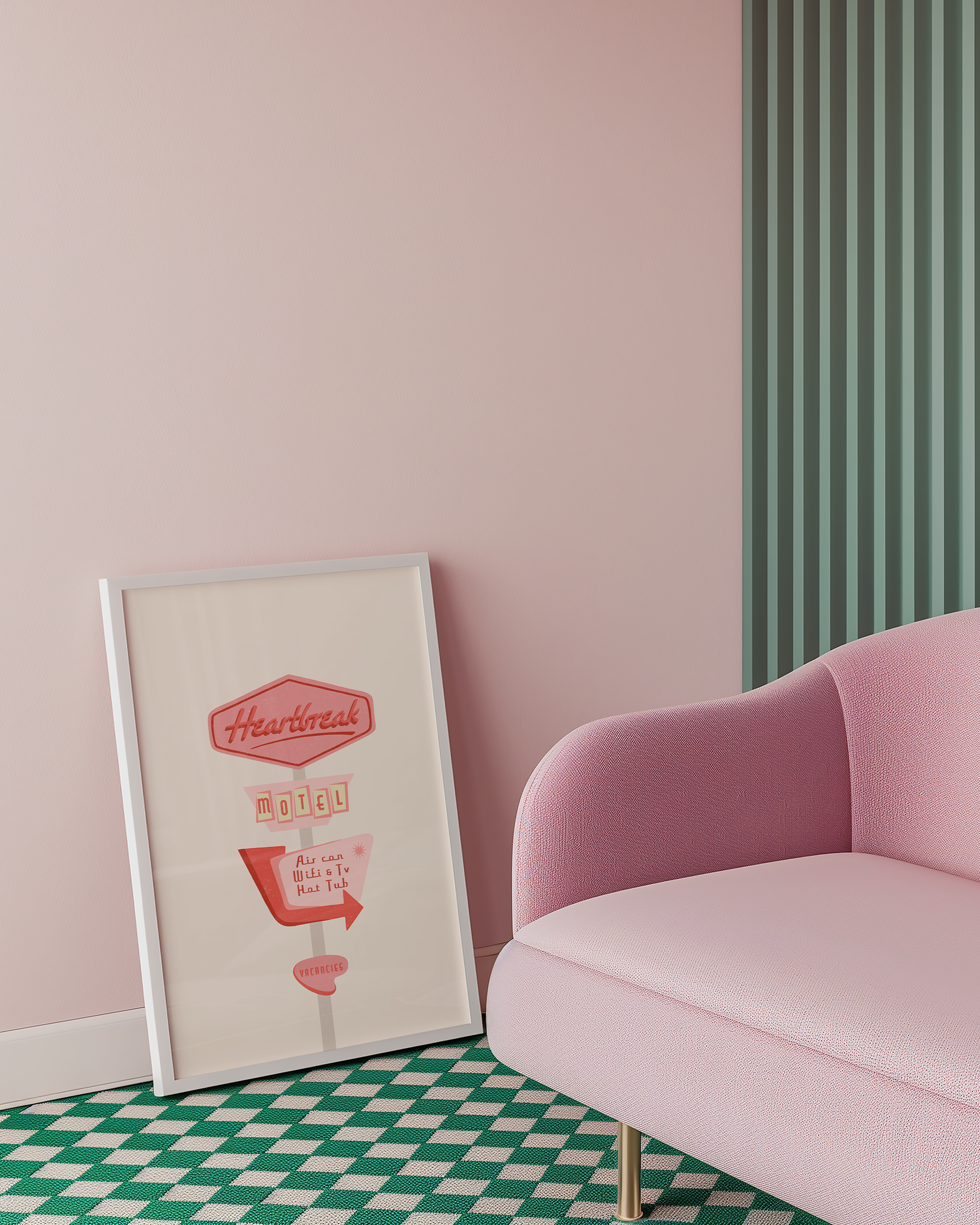 Bold dopamine decor print poster illustration of a retro motel sign in various pink tones that says "heart break motel". Feminine decor style. retro feel.