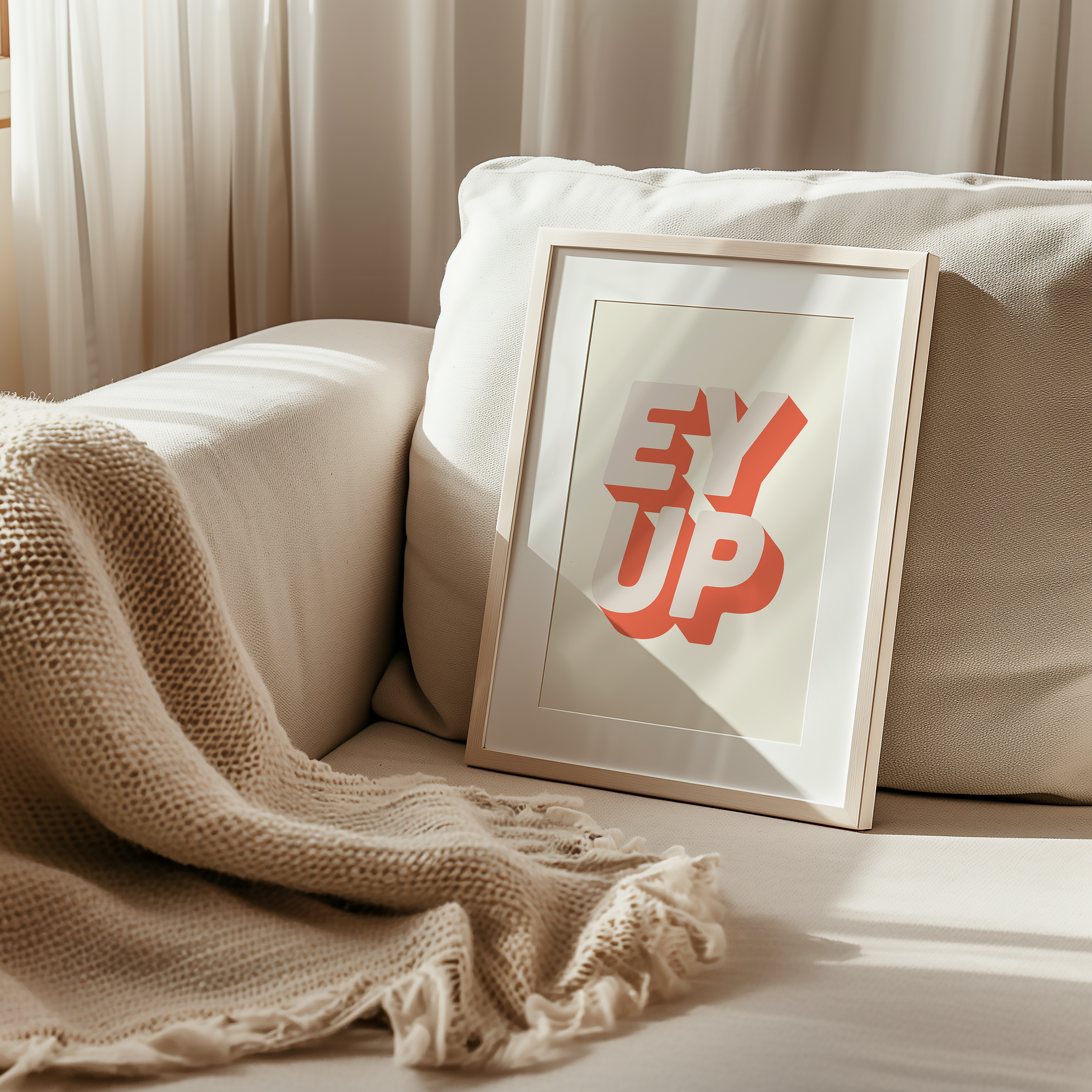 Bold quote print poster decor "Ey up". British quote. Yorkshire quote. Dopamine decor. Retro two tone font cream and pink.