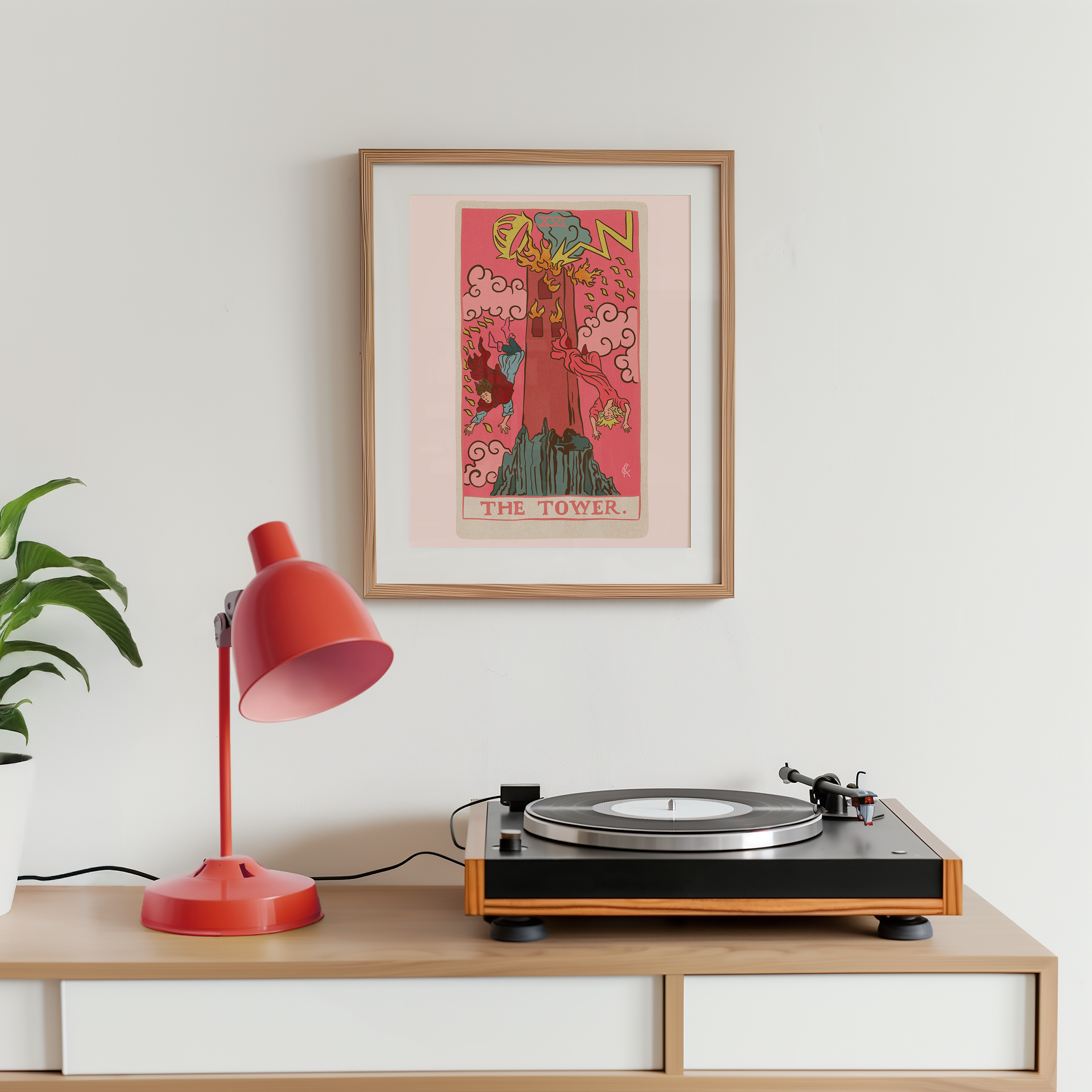The Tower tarot card print, feminine pink witchy spiritual decor poster print.