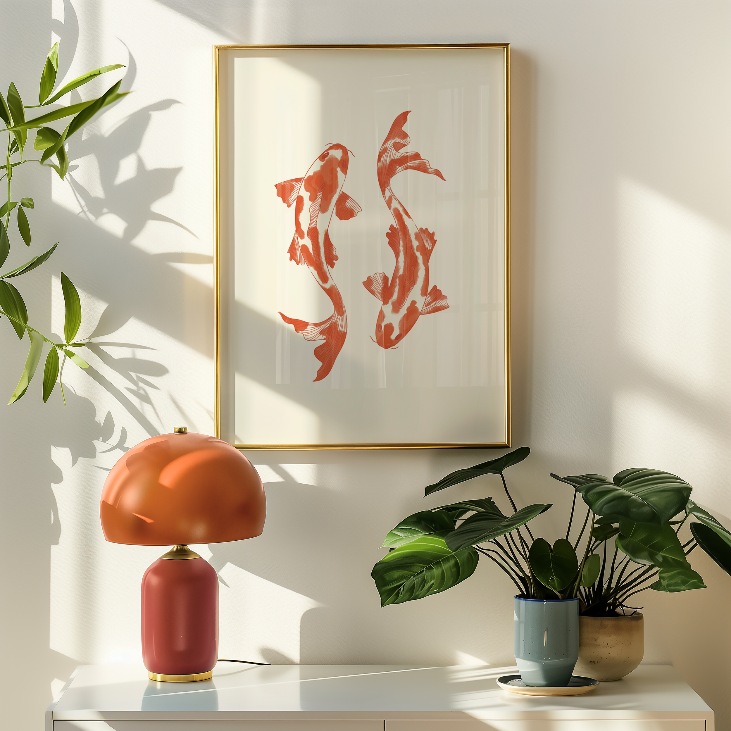 Bold dopamine decor print poster illustration of two koi fish. Retro style decor. japandi style. orange and cream