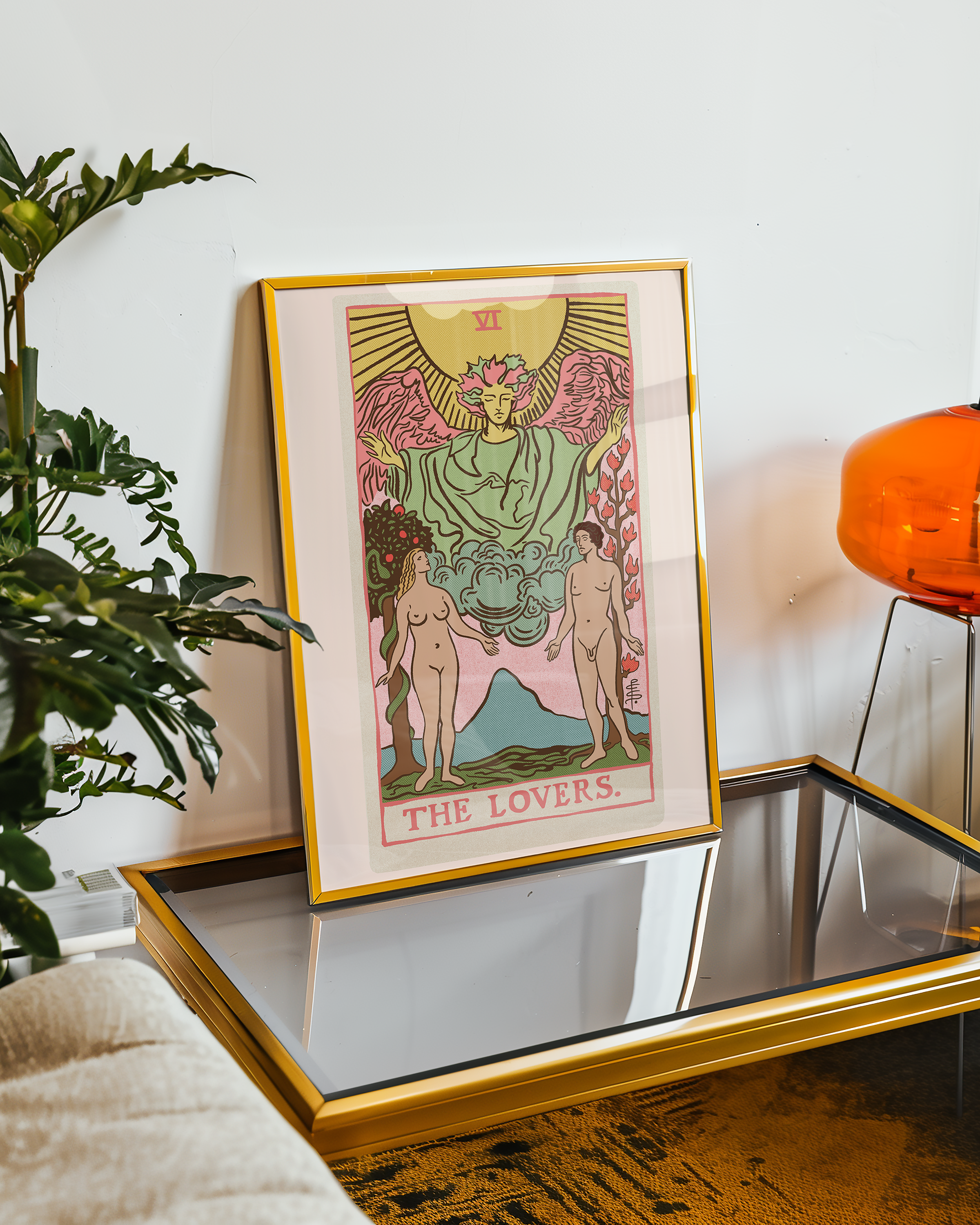 The Lovers tarot card print, feminine pink witchy spiritual decor poster print.