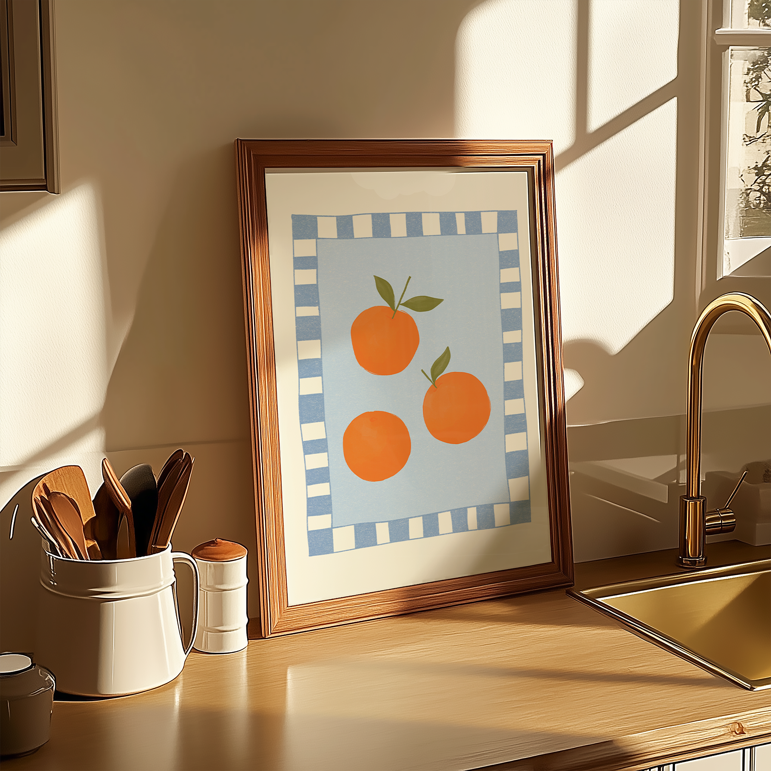 Bold dopamine decor print poster of oranges. kitchen poster. Orange and blue. Mediterranean fee
