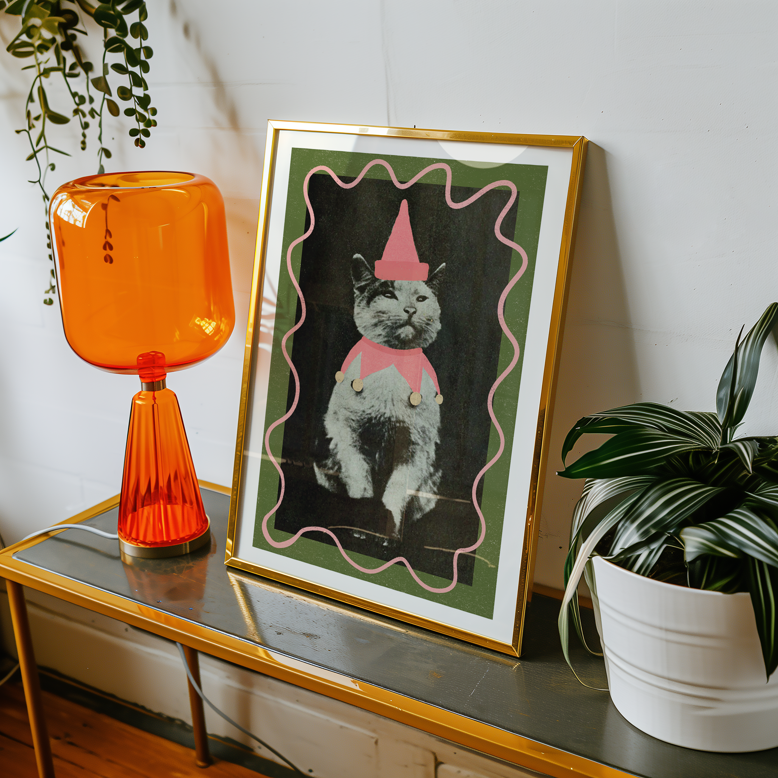 Dopamine decor poster print. Victorian photography pf cat wearing a jester costume, enhances with modern colour elements of pink and green