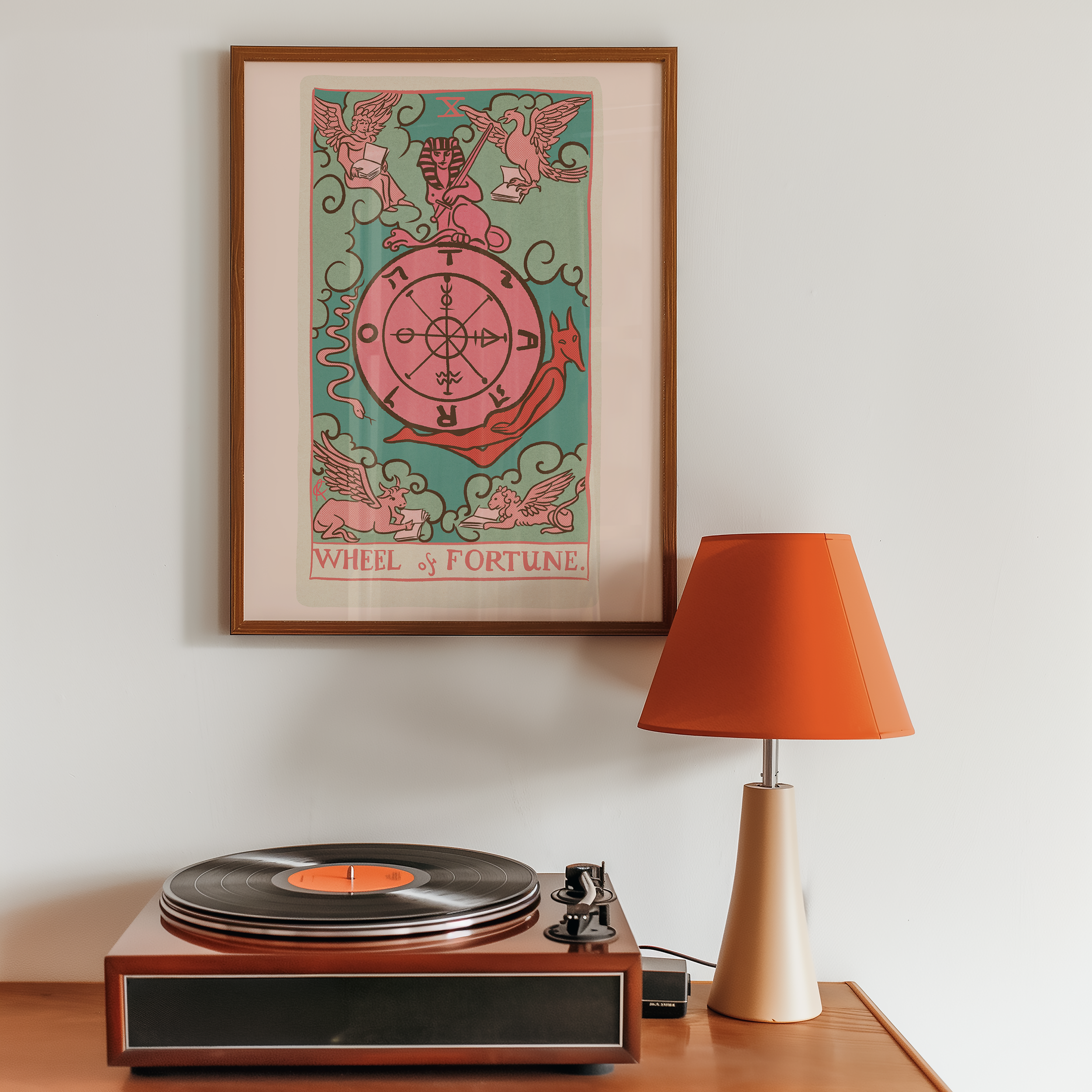Wheel of Fortune tarot card print, feminine pink witchy spiritual decor poster print.