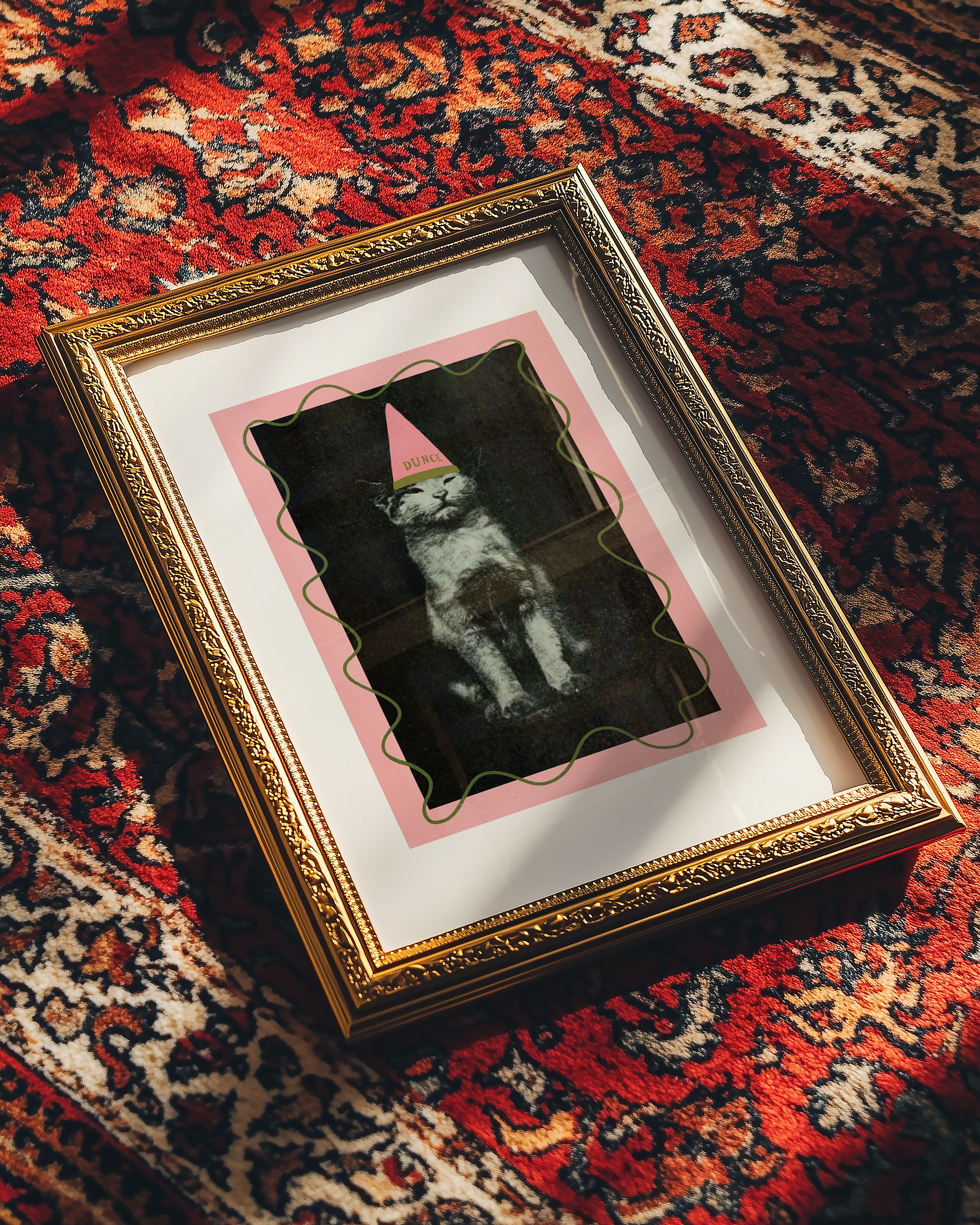Dopamine decor poster print. Victorian photography pf cat wearing a dunce cat, enhances with modern colour elemants of pink and green