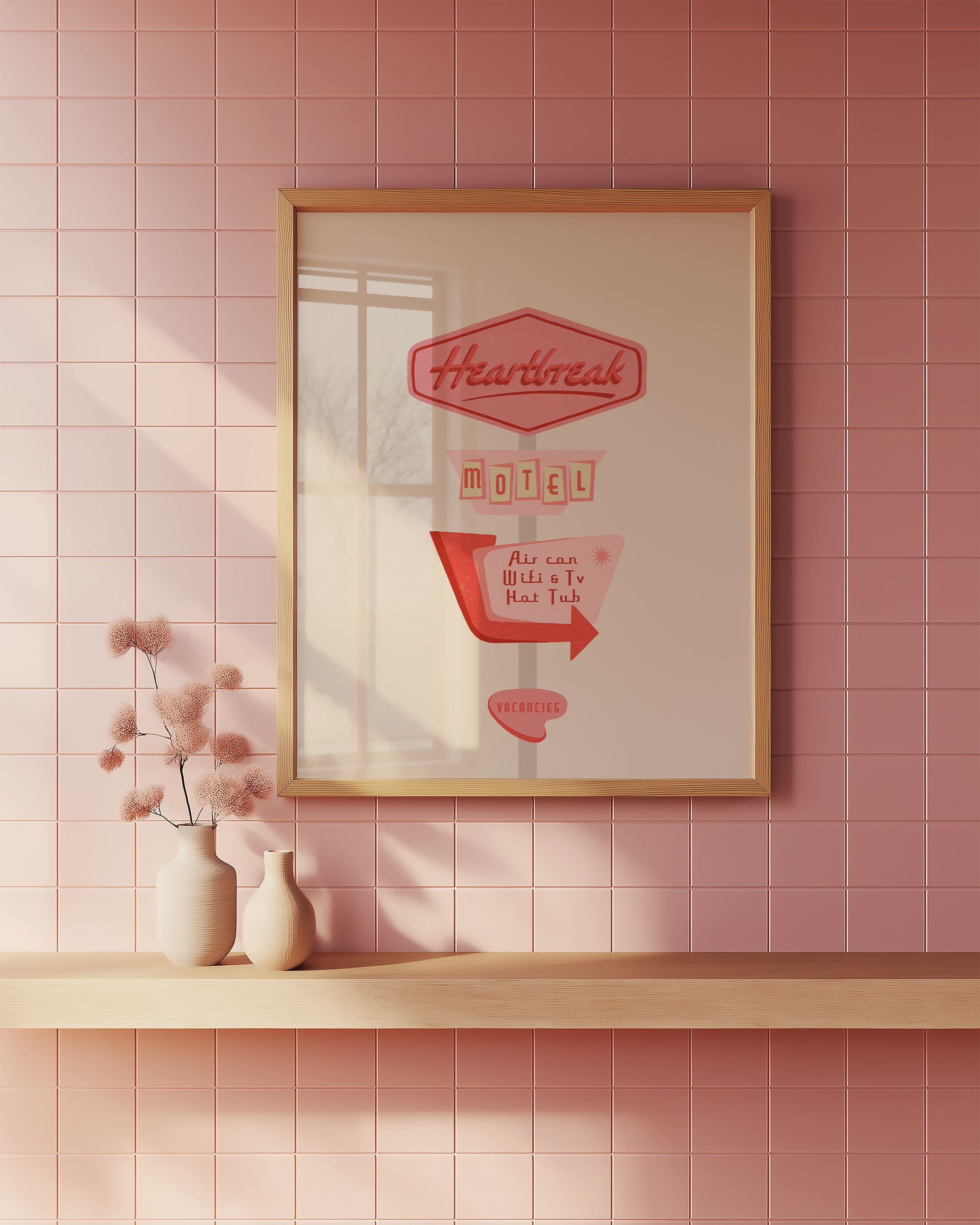 Bold dopamine decor print poster illustration of a retro motel sign in various pink tones that says "heart break motel". Feminine decor style. retro feel.