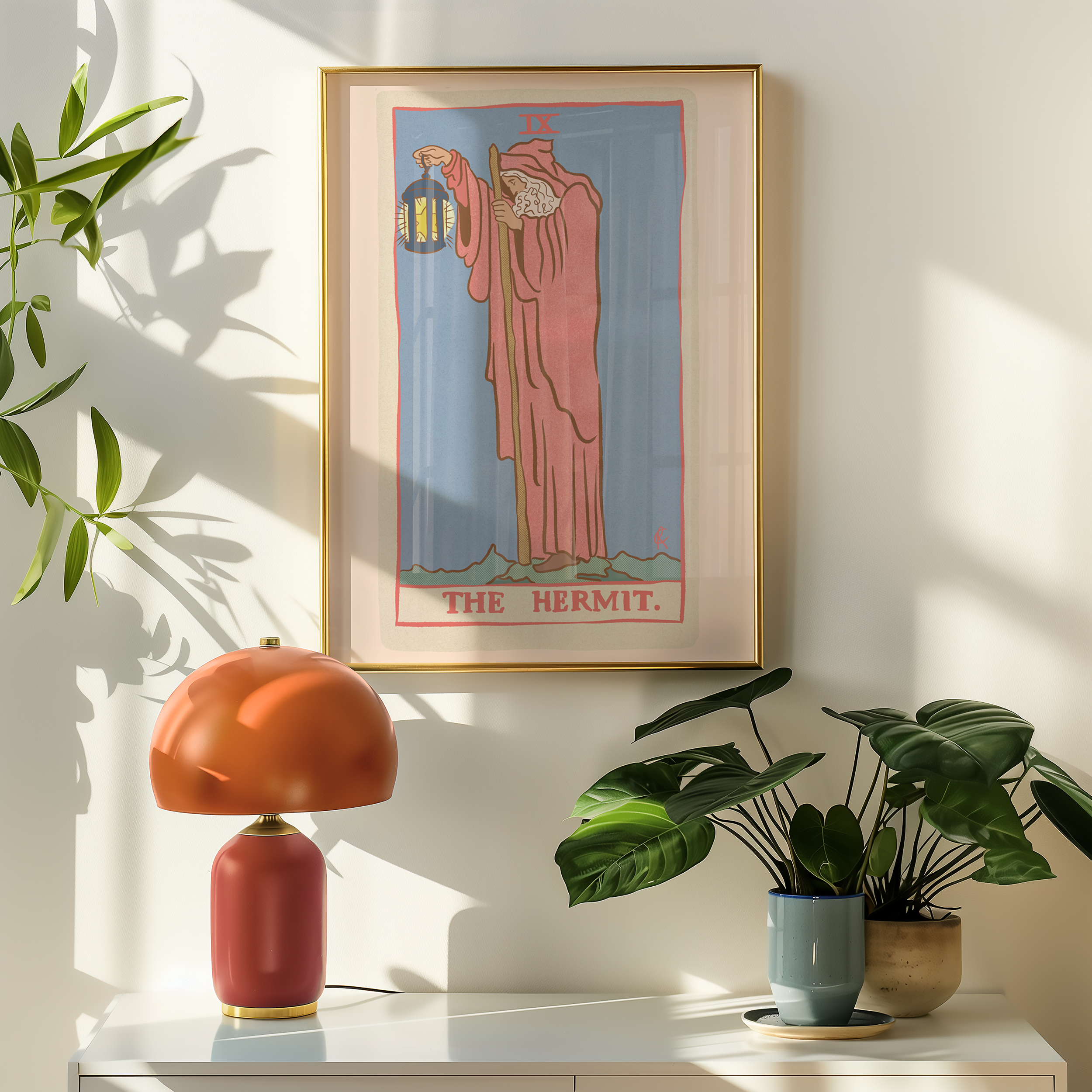 The Hermit tarot card print, feminine pink witchy spiritual decor poster print.