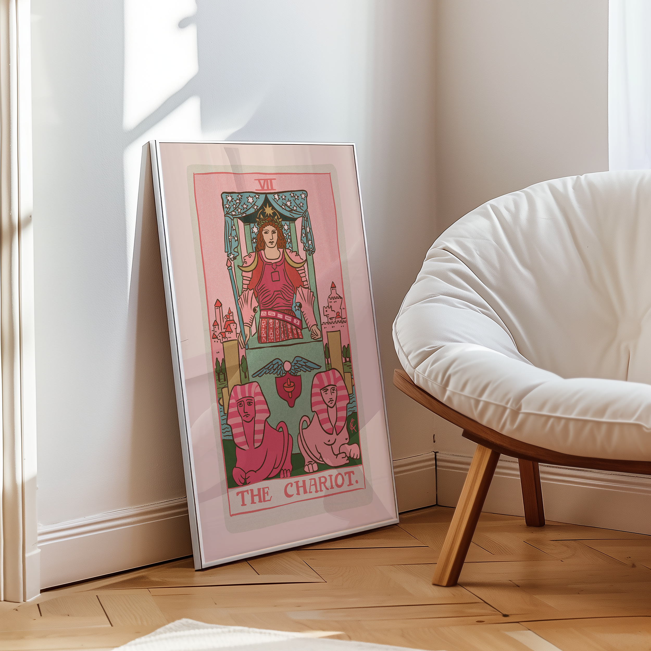 The Chariot tarot card print, feminine pink witchy spiritual decor poster print.