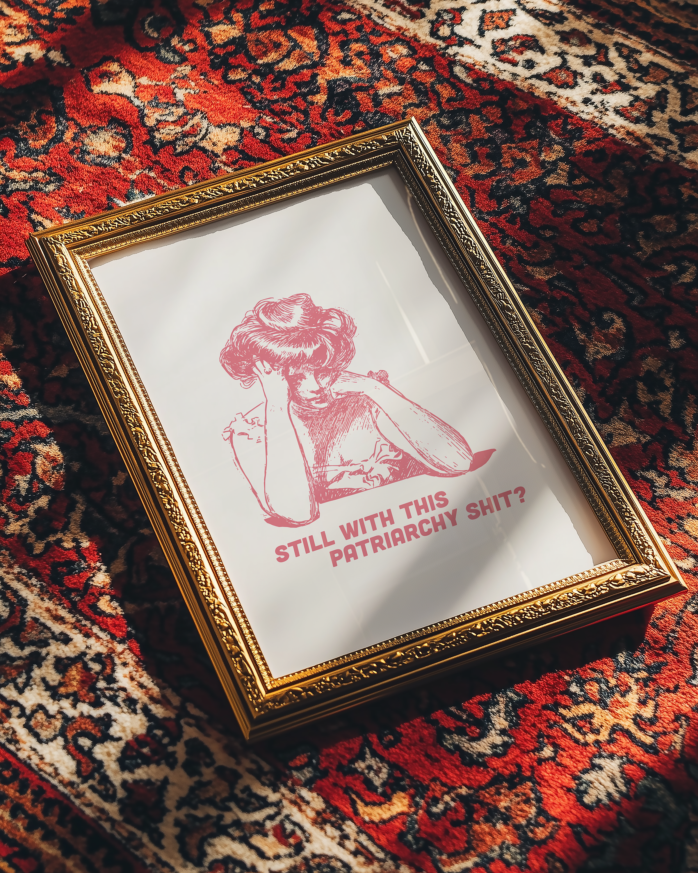 Pink and White print of a bored looking Edwardian woman that says "Still with this Patriarchy shit?" Funny feminist print. Witty sassy dopamine decor poster.