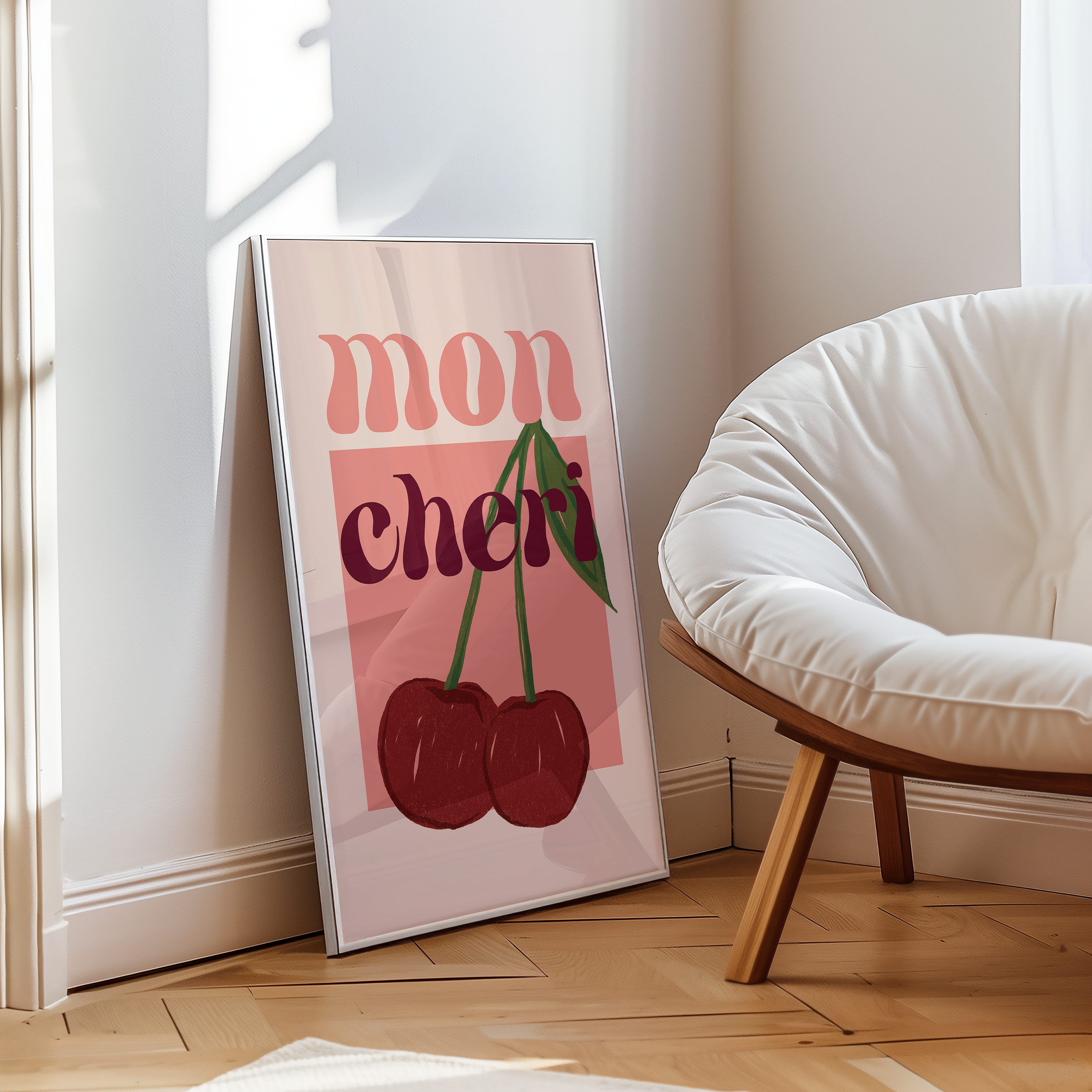 Bold dopamine decor print poster illustration of cherries that says "mon cheri". Feminine decor style. retro feel.