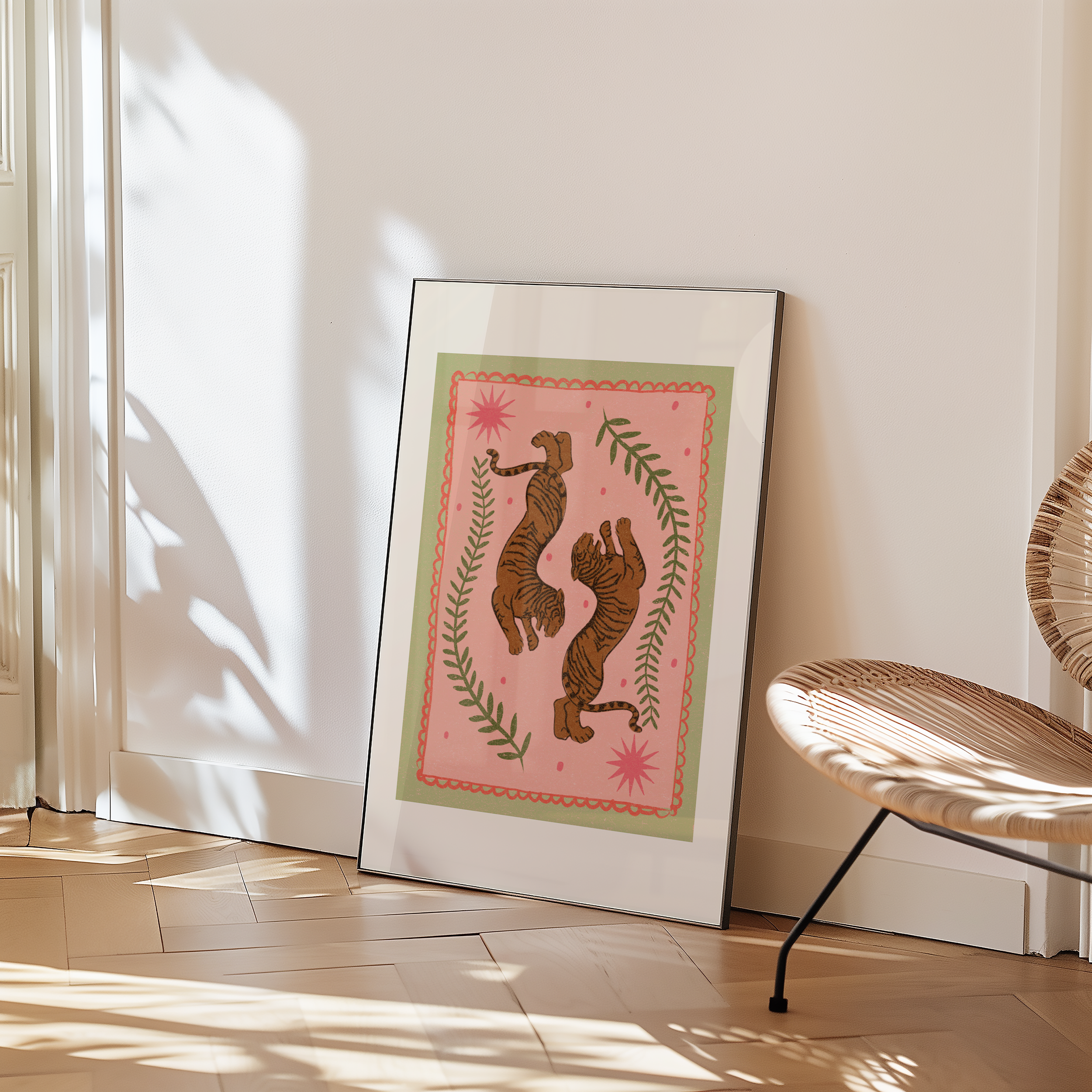Bold dopamine decor print poster illustration of tigers. Retro style decor. midcentury modern