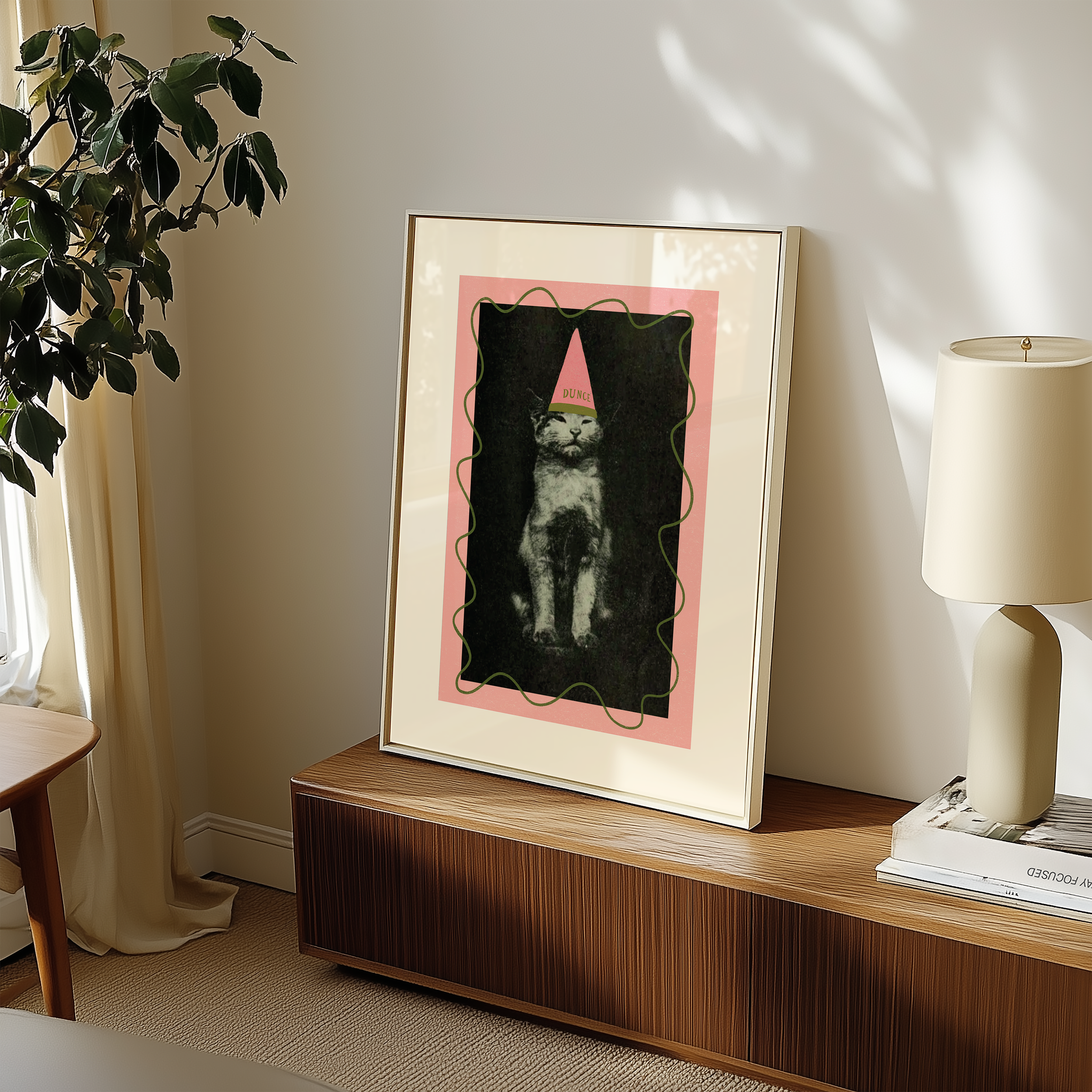 Dopamine decor poster print. Victorian photography pf cat wearing a dunce cat, enhances with modern colour elemants of pink and green
