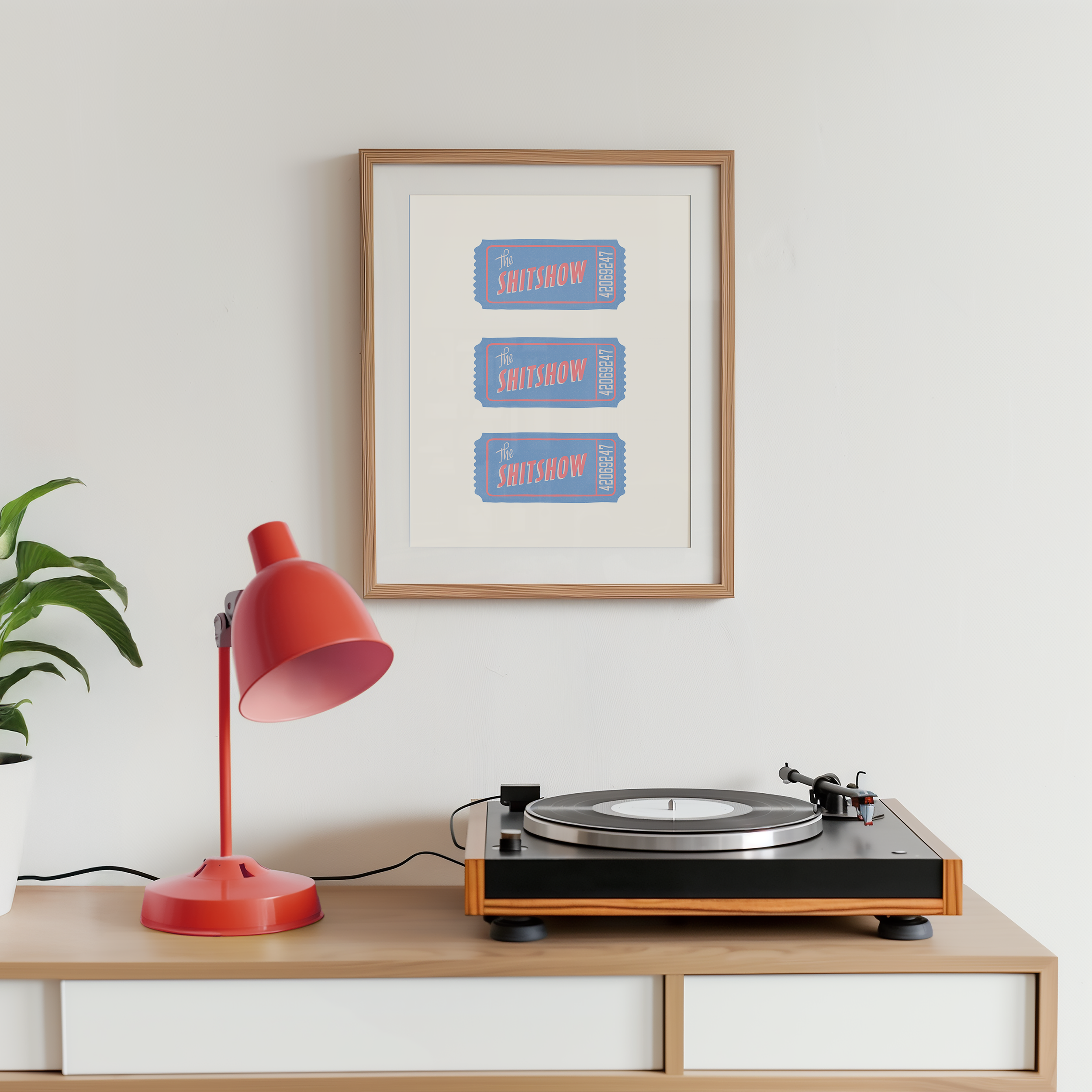 Bold dopamine decor print poster illustration of three vintage style tickets for the "Shitshow" in blue and pink. Vintage retro style poster print. Funny print poster.