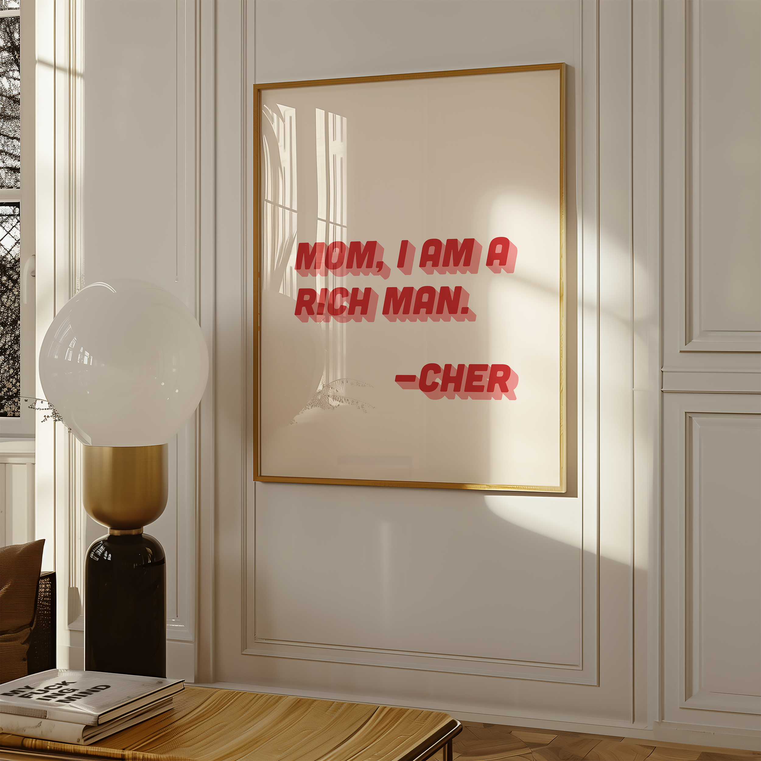 Cher quote print poster "Mom I Am a Rich Man" in two tone retro red and pink font