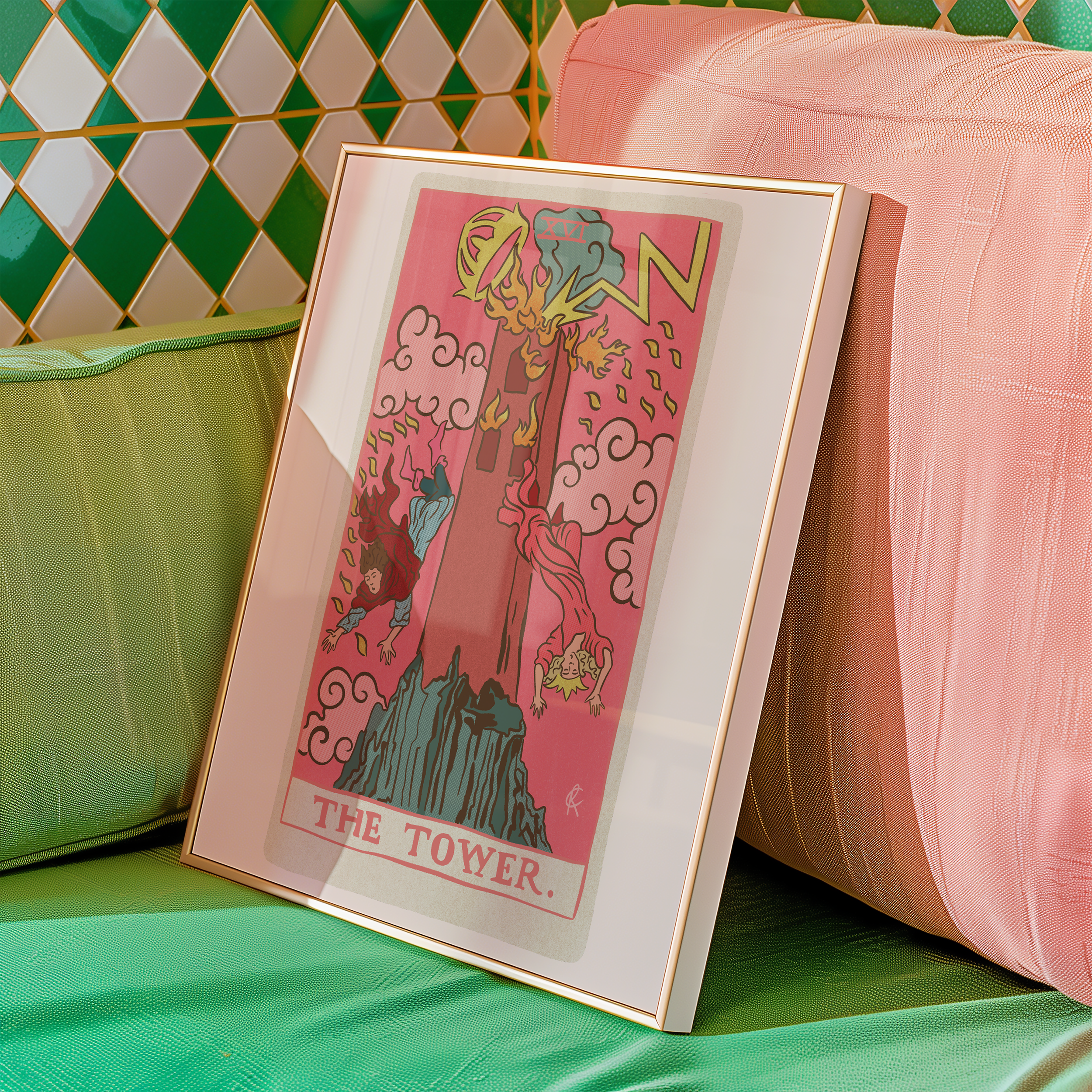 The Tower tarot card print, feminine pink witchy spiritual decor poster print.