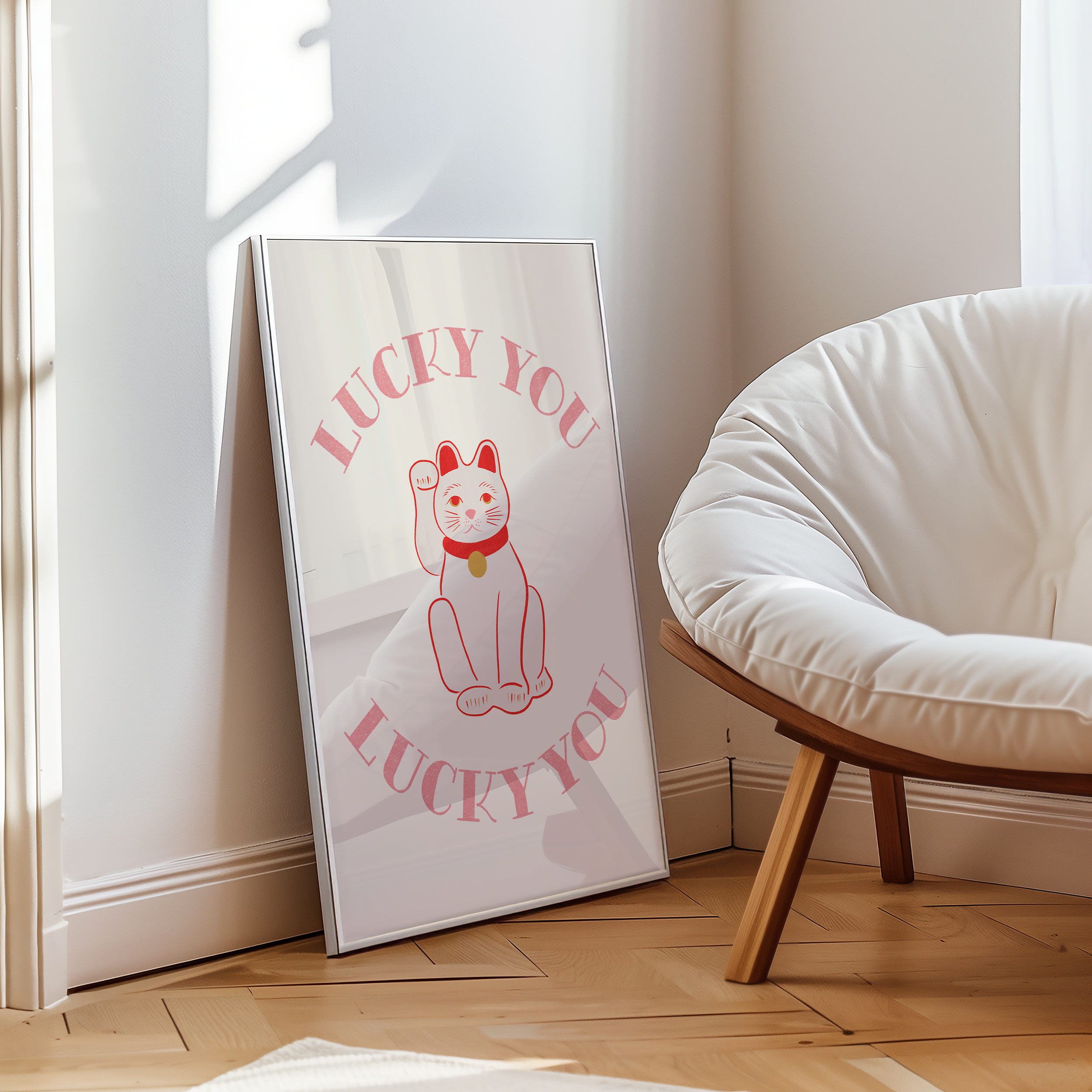 Dopamine decor print of chinease lucky cat that says lucky you. bold dopamine decor poster print. Maneki-neko