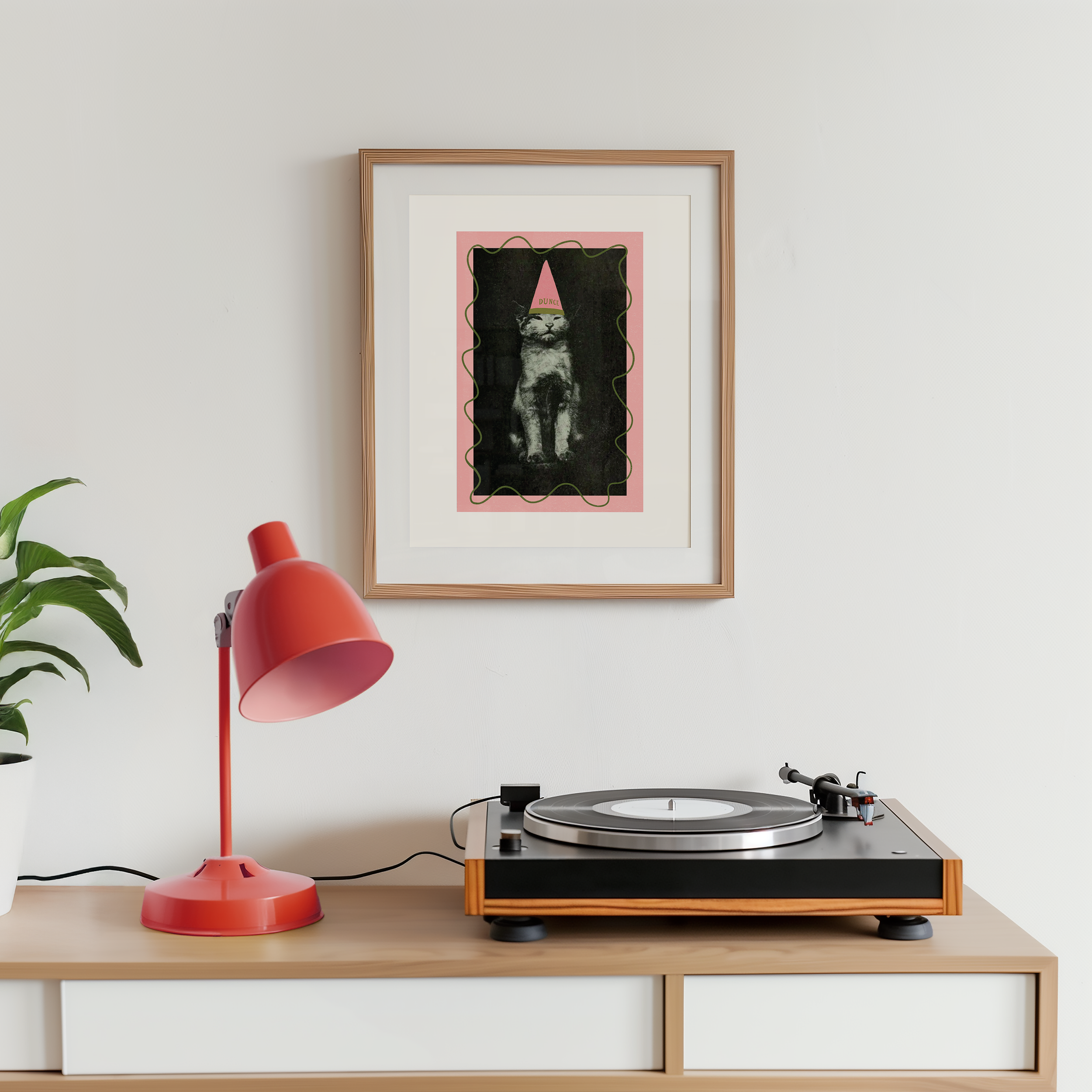 Dopamine decor poster print. Victorian photography pf cat wearing a dunce cat, enhances with modern colour elemants of pink and green