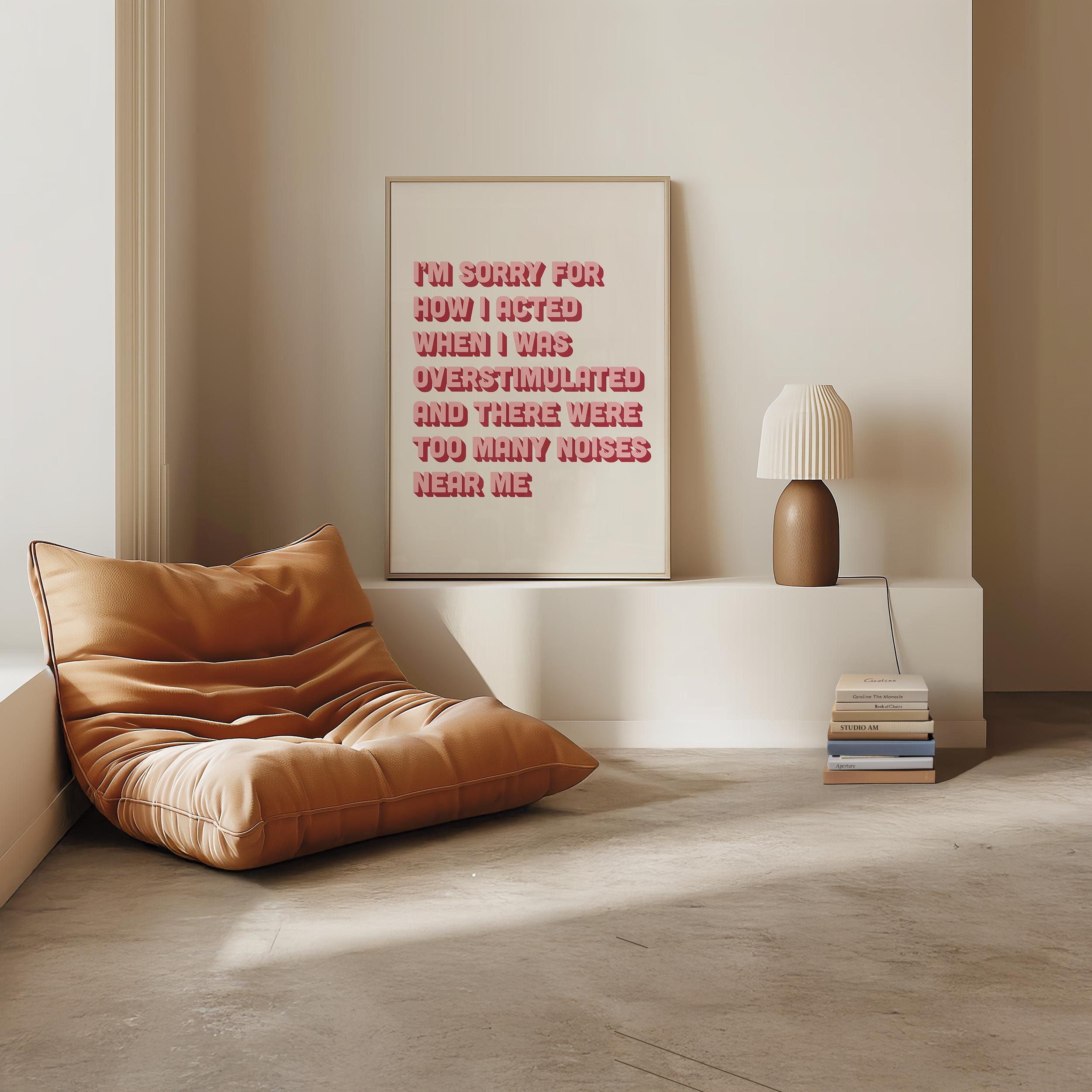 Funny neurodivergent print about being overstimulated that says “I’m sorry for how I acted when I was overstimulated and there were too many noises near me.” in two tone pink retro font
