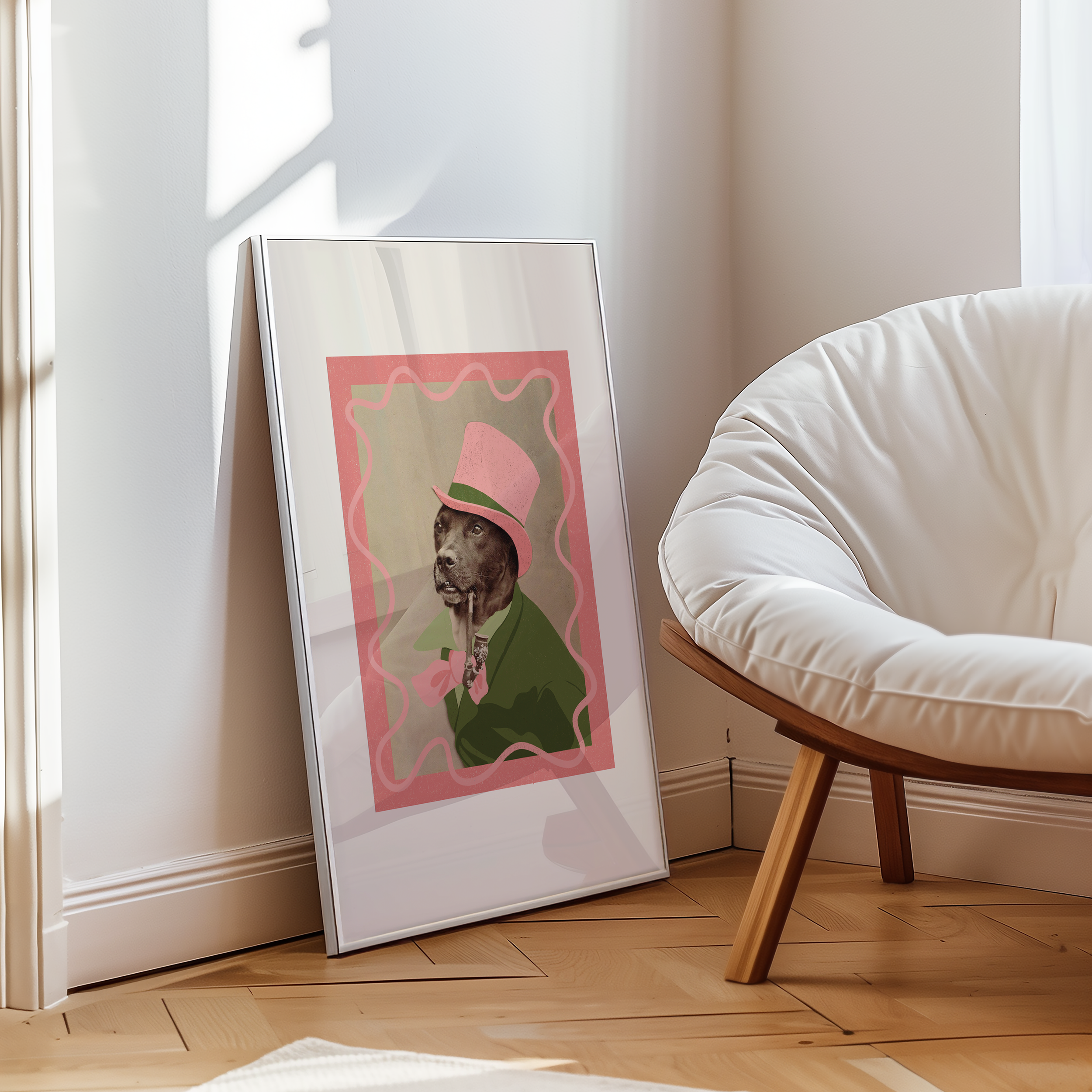 Dopamine decor poster print. Victorian photography of a dog in a top hat, enhances with modern colour elements of pink and green