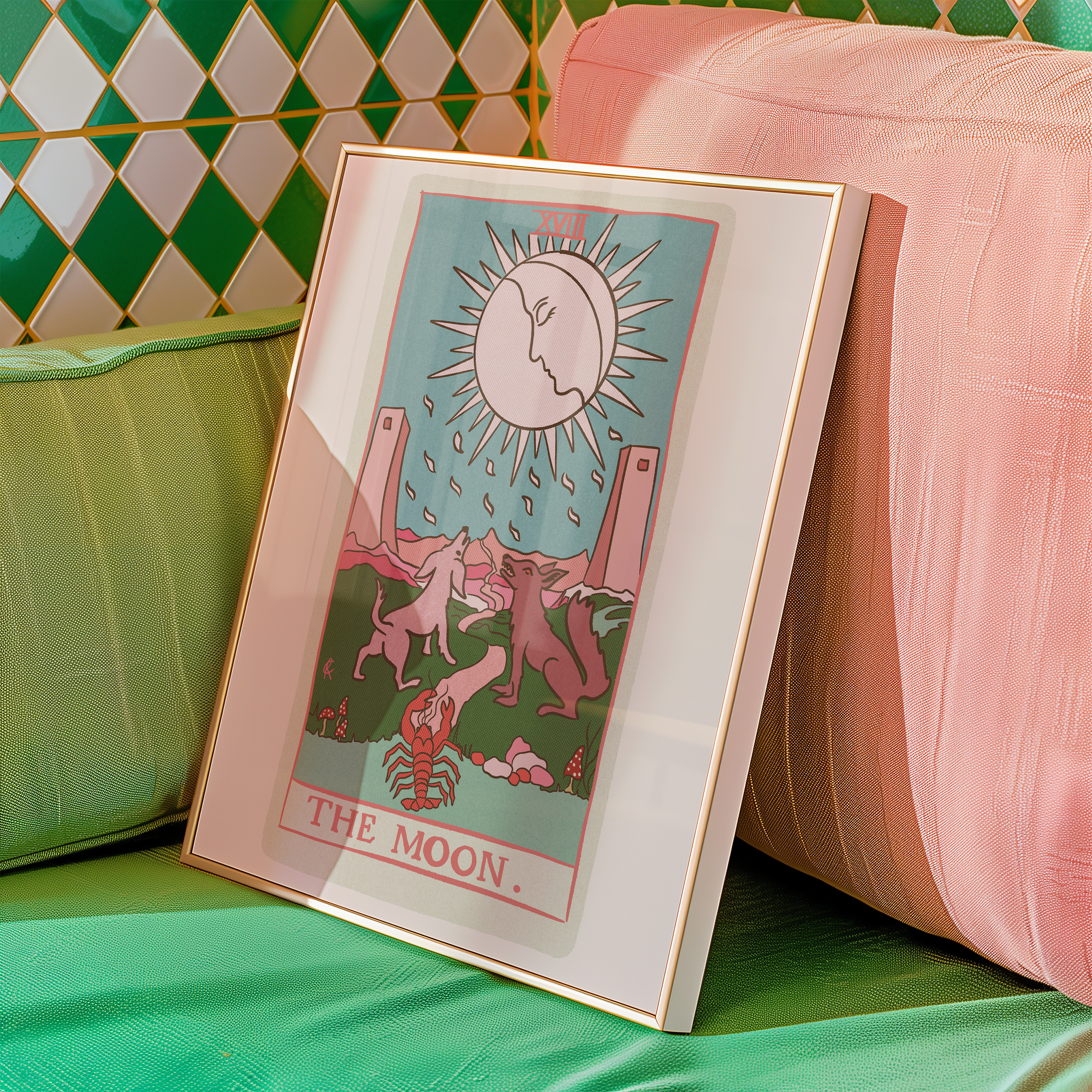 The Moon tarot card print, feminine pink witchy spiritual decor poster print.