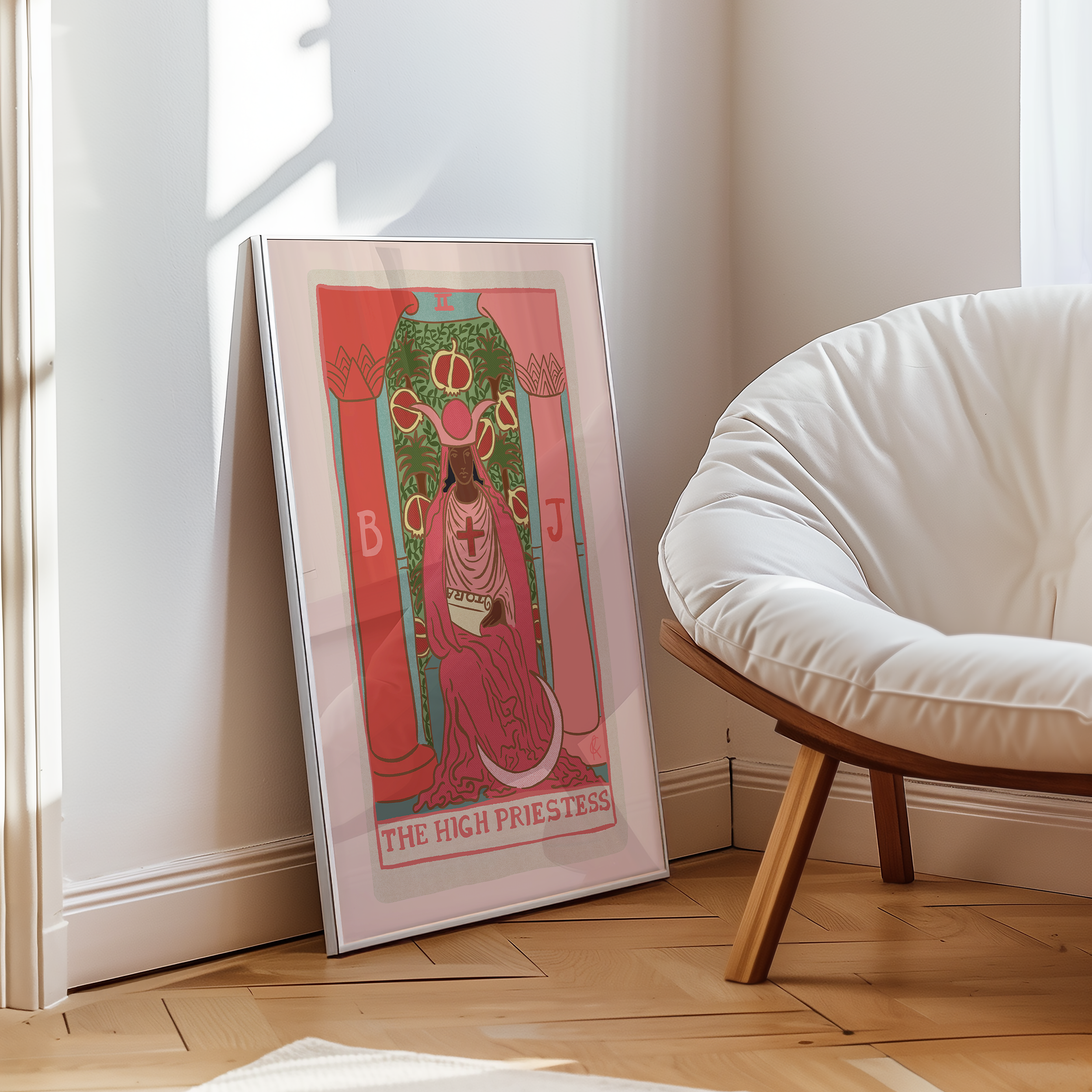 The High Priestess tarot card print, feminine pink witchy spiritual decor poster print.