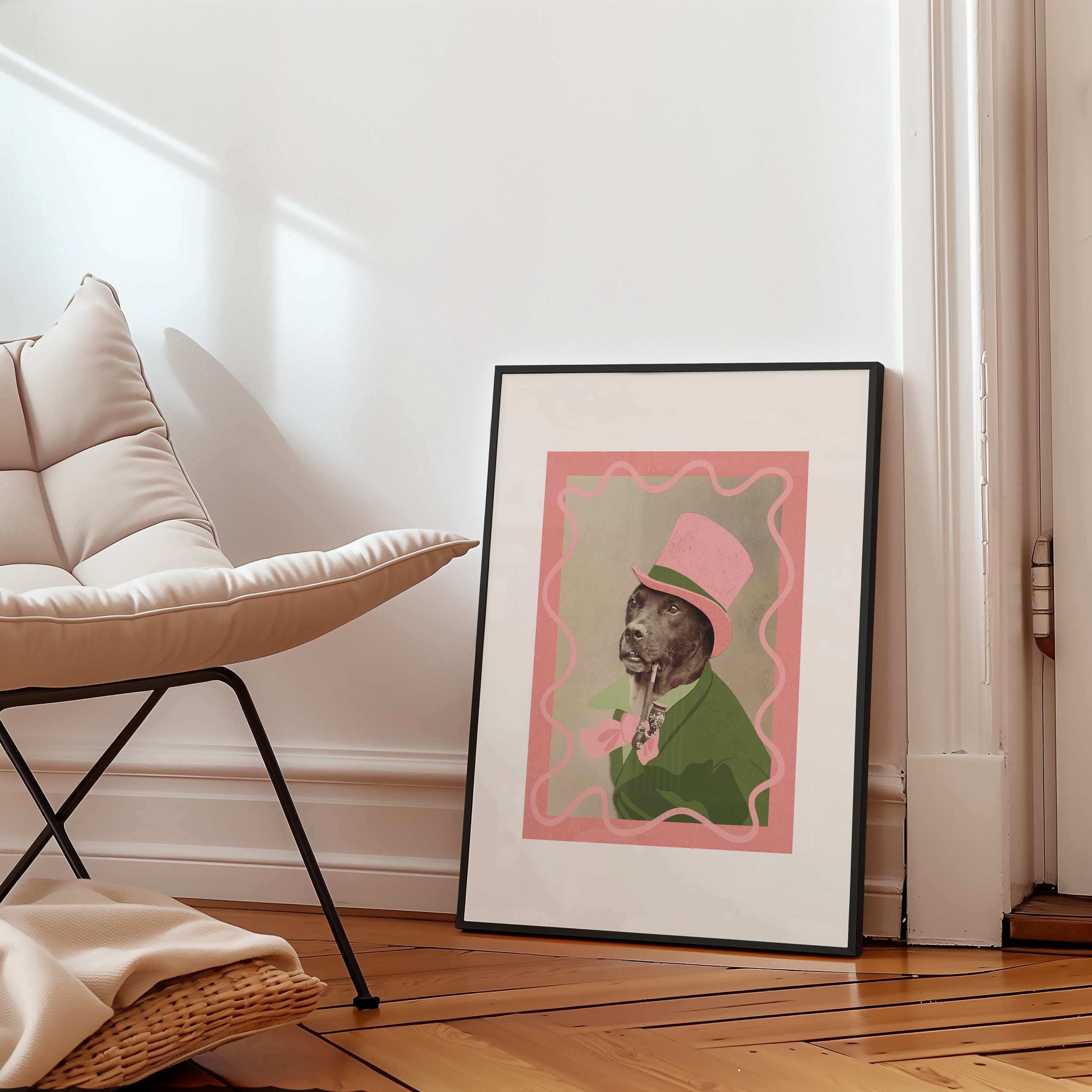 Dopamine decor poster print. Victorian photography of a dog in a top hat, enhances with modern colour elements of pink and green